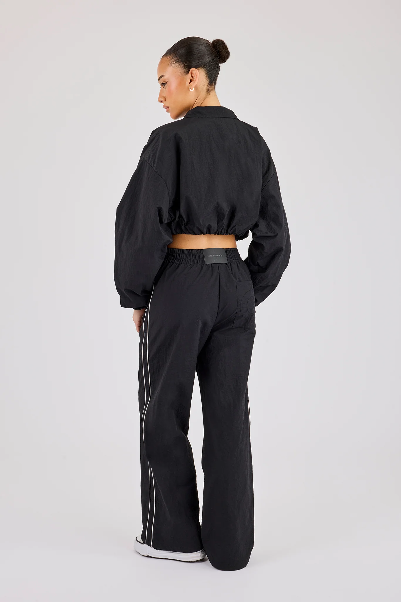 Crinkle Nylon Cropped Piping Track Jacket & Wide Leg Jogger - Black - Image 3