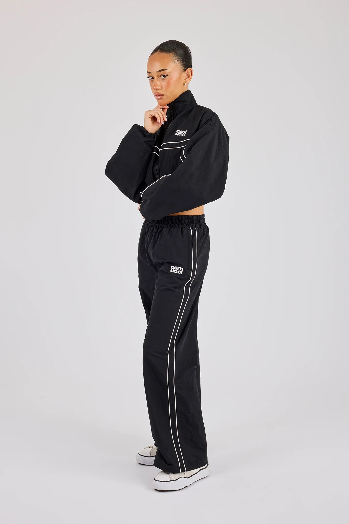 Crinkle Nylon Cropped Piping Track Jacket & Wide Leg Jogger - Black - Image 4