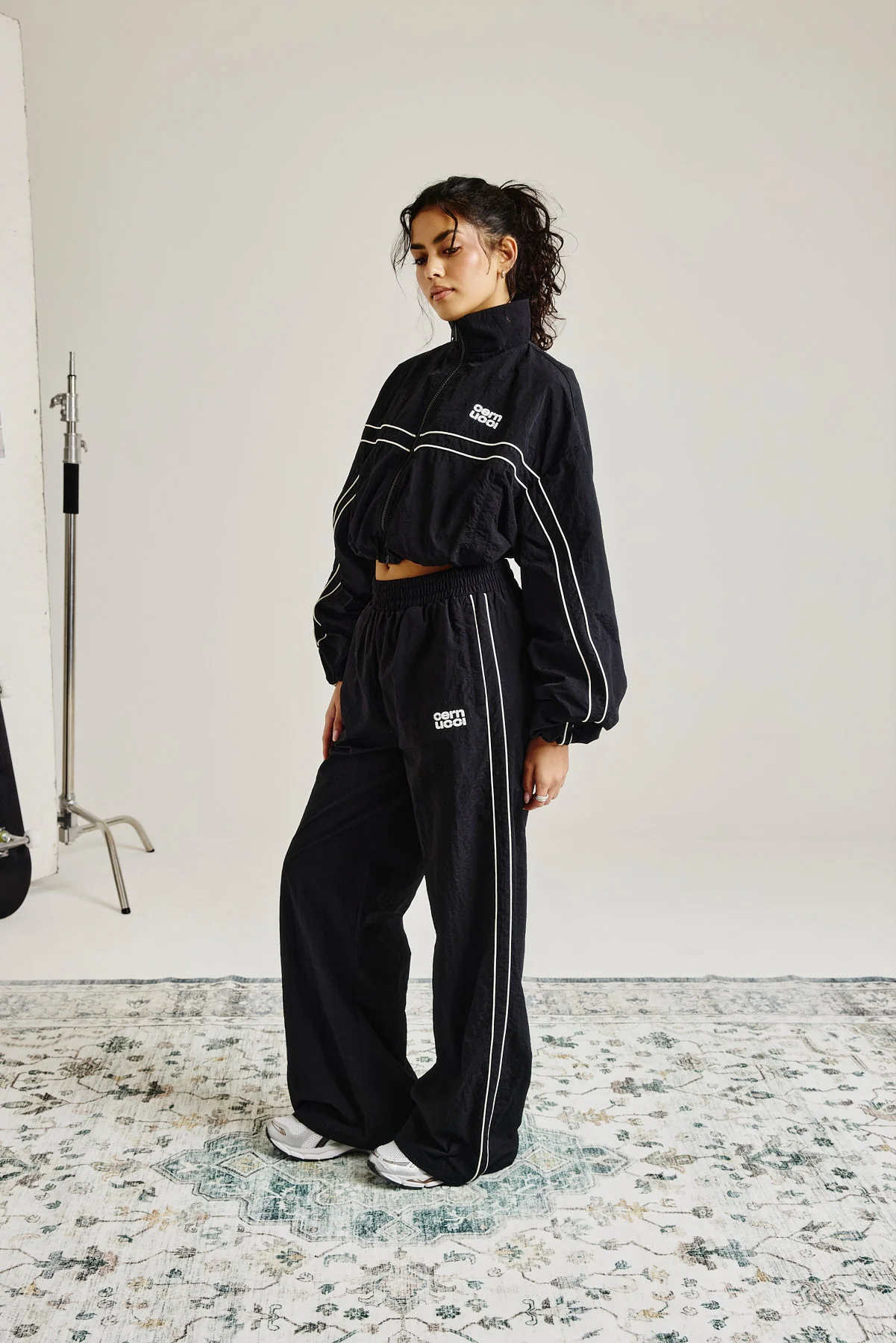 Crinkle Nylon Piping Wide Leg Jogger - Black - Image 2