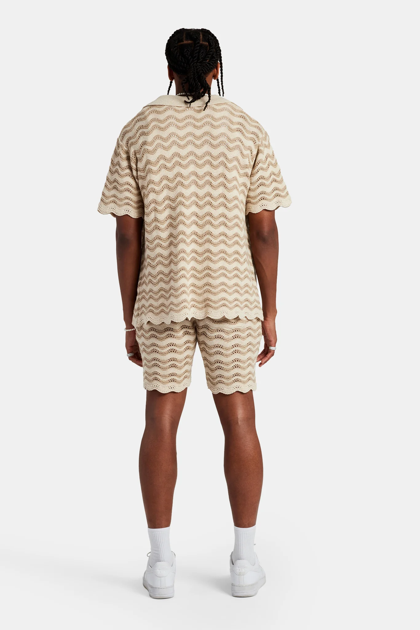 Crochet Knitted Embroidered Shirt & Short Set - Beige - Image 2