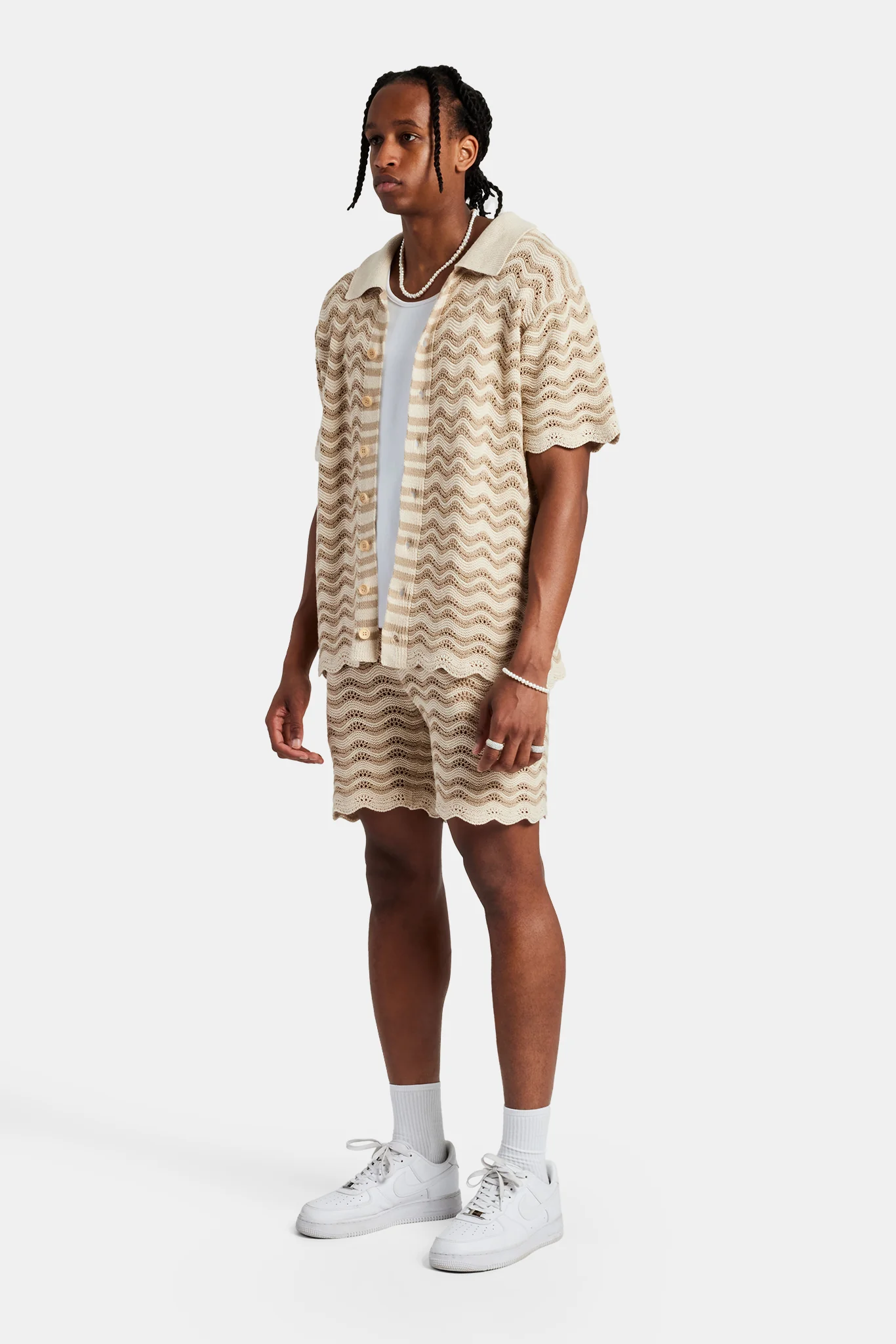 Crochet Knitted Embroidered Shirt & Short Set - Beige - Image 4
