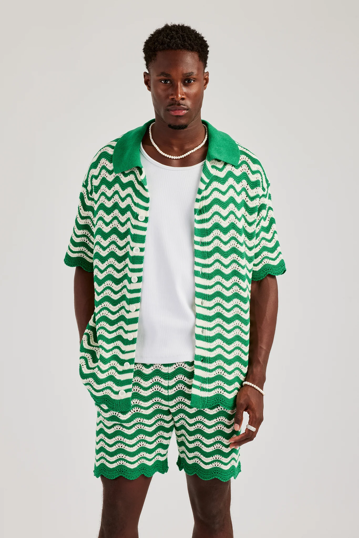 Crochet Knitted Embroidered Shirt & Short Set - Green - Image 3