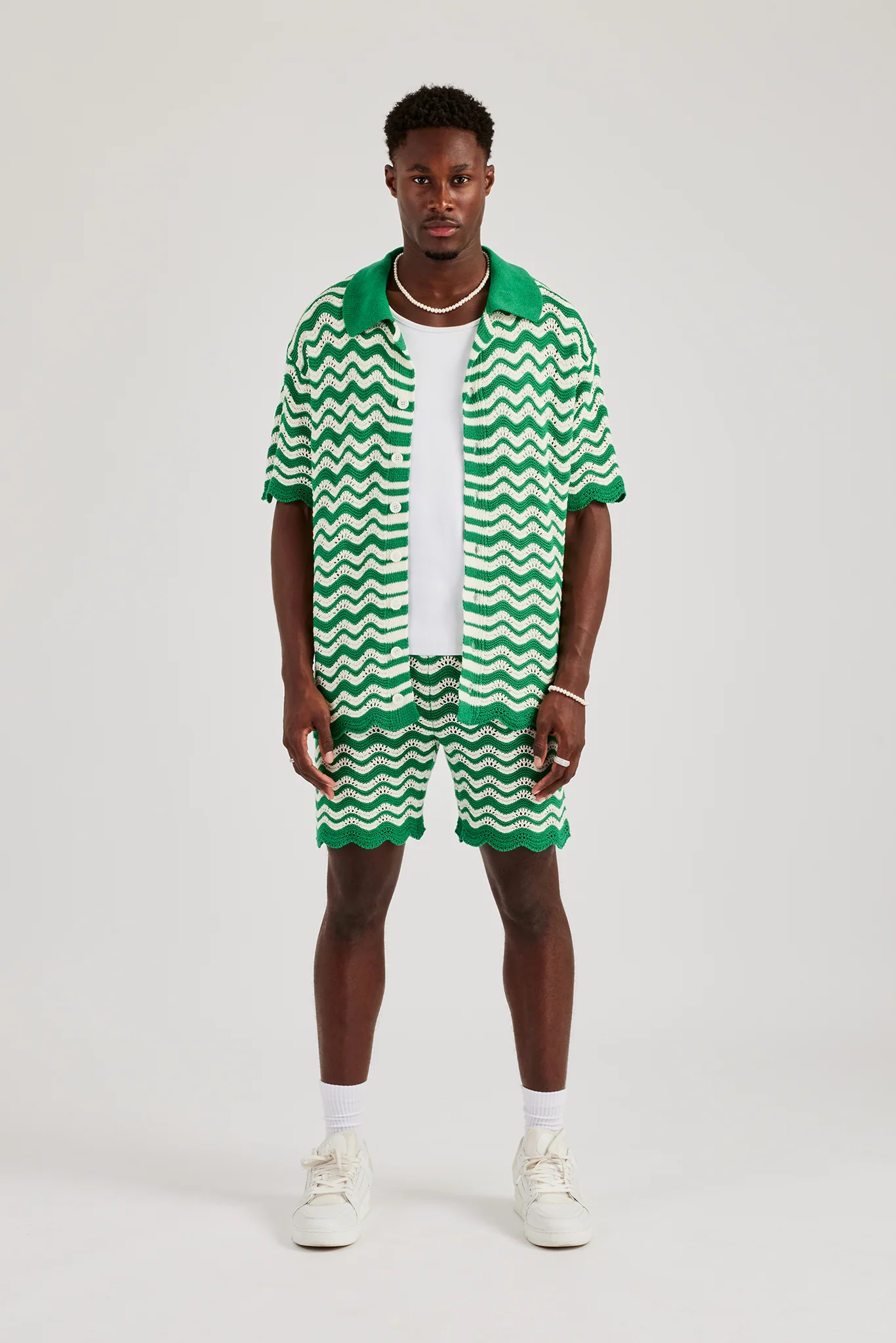 Crochet Knitted Embroidered Shirt & Short Set - Green - Image 4