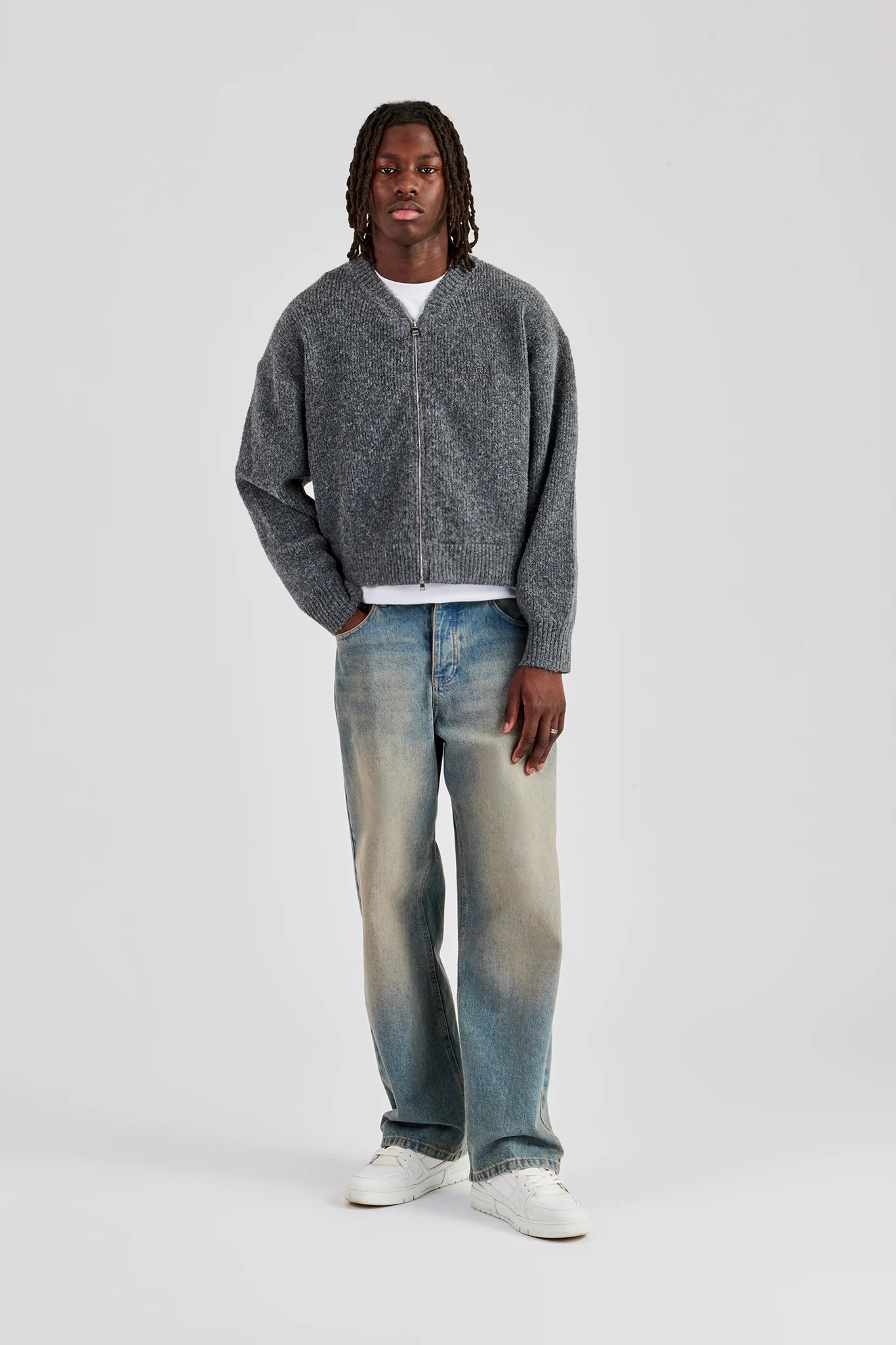 Cropped Boxy Knitted Bomber - Charcoal - Image 3