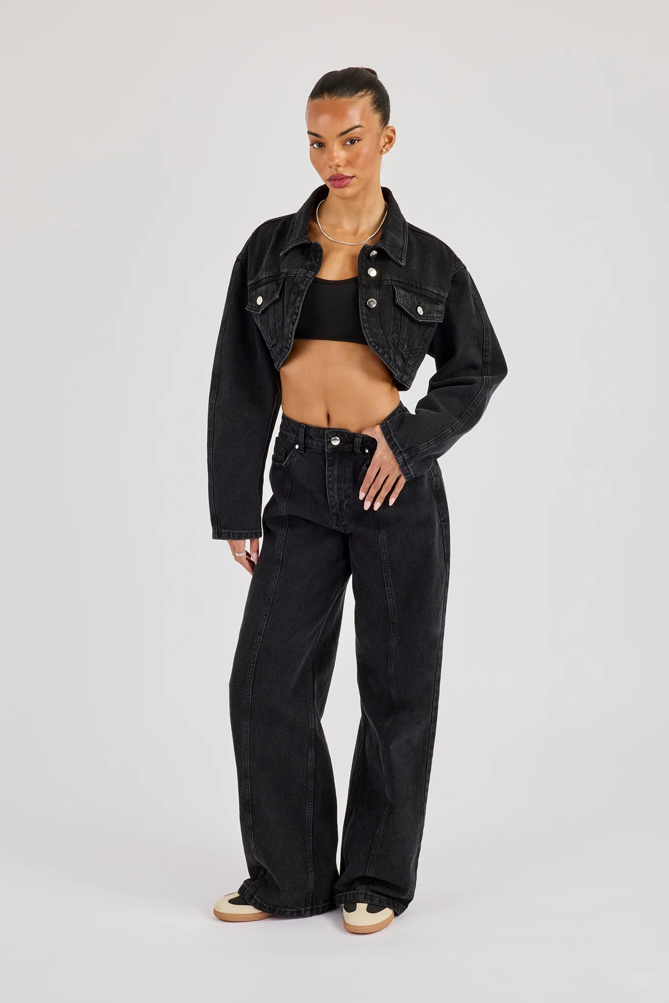 Cropped Curved Hem Denim Jacket & Low Rise Jeans - Washed Black - Image 2