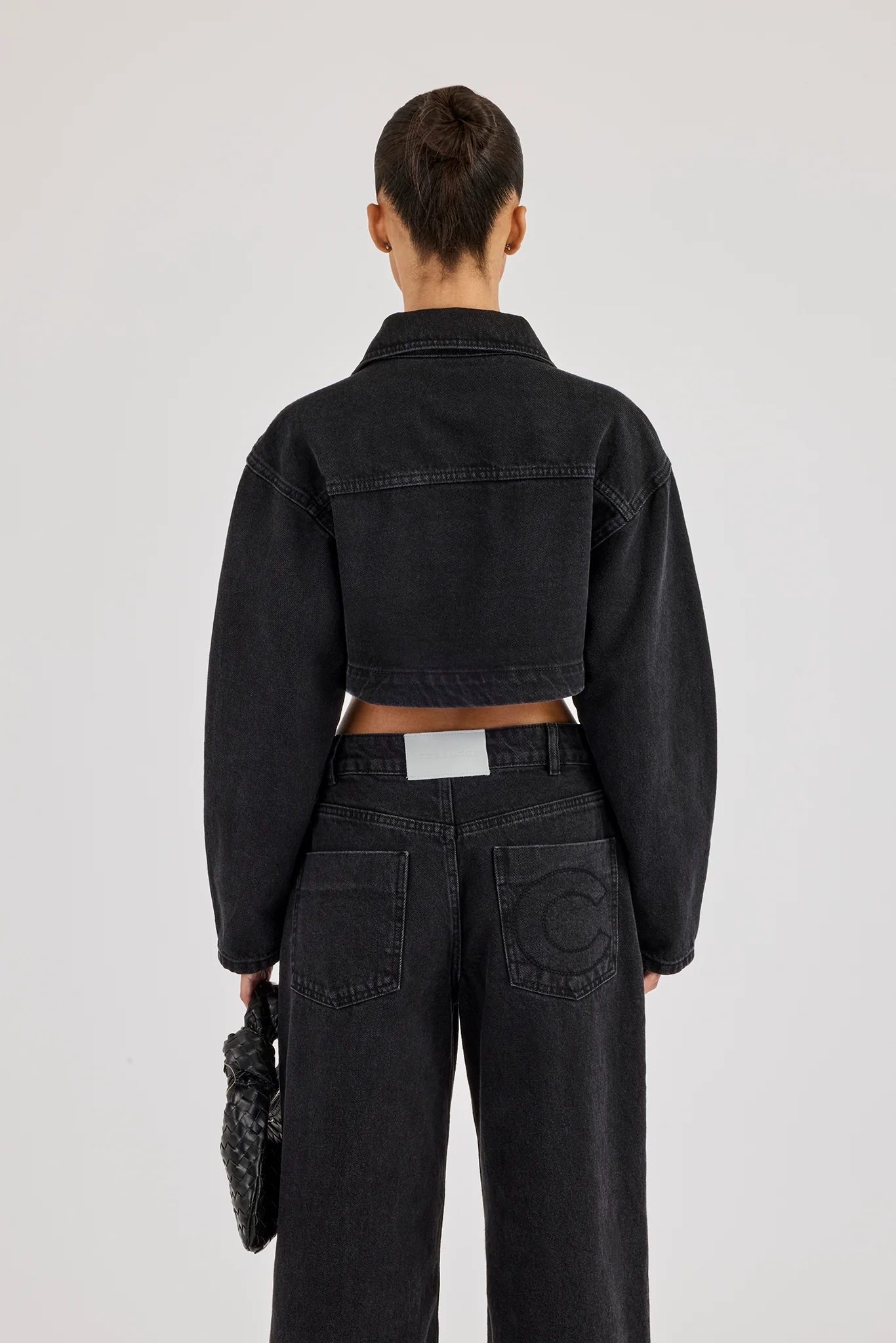 Cropped Curved Hem Denim Jacket - Washed Black - Image 3
