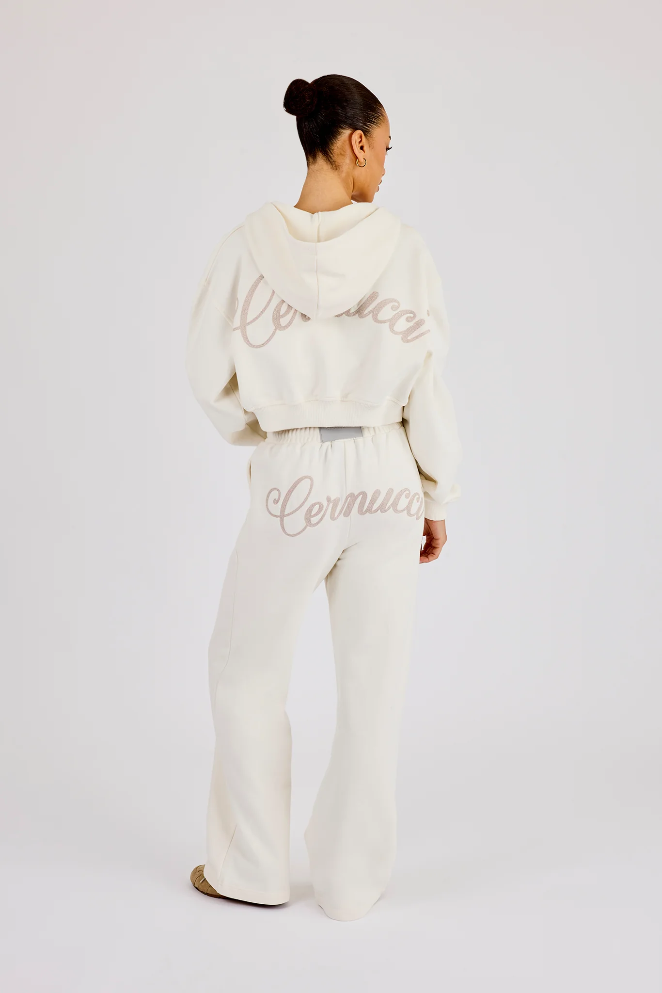 Cropped Embroidered Logo Zip Through Hoodie & Wide Leg Jogger - Off White
