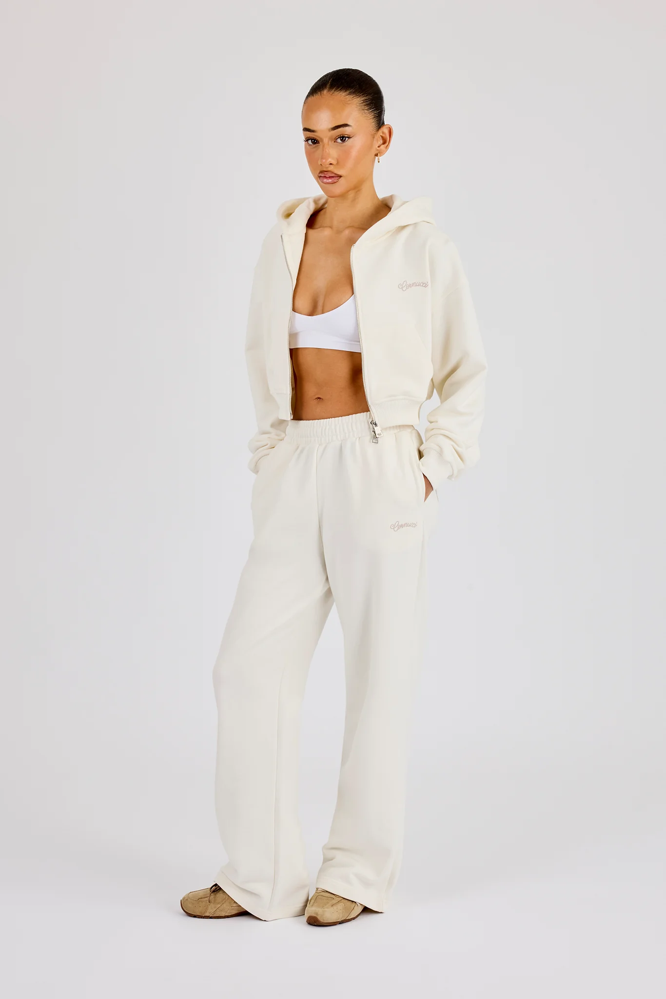 Cropped Embroidered Logo Zip Through Hoodie & Wide Leg Jogger - Off White - Image 2