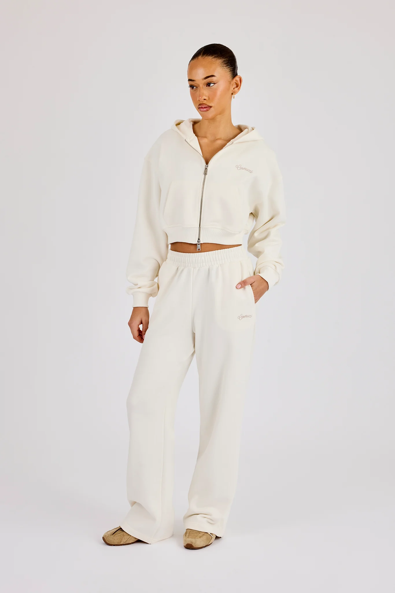 Cropped Embroidered Logo Zip Through Hoodie & Wide Leg Jogger - Off White - Image 3