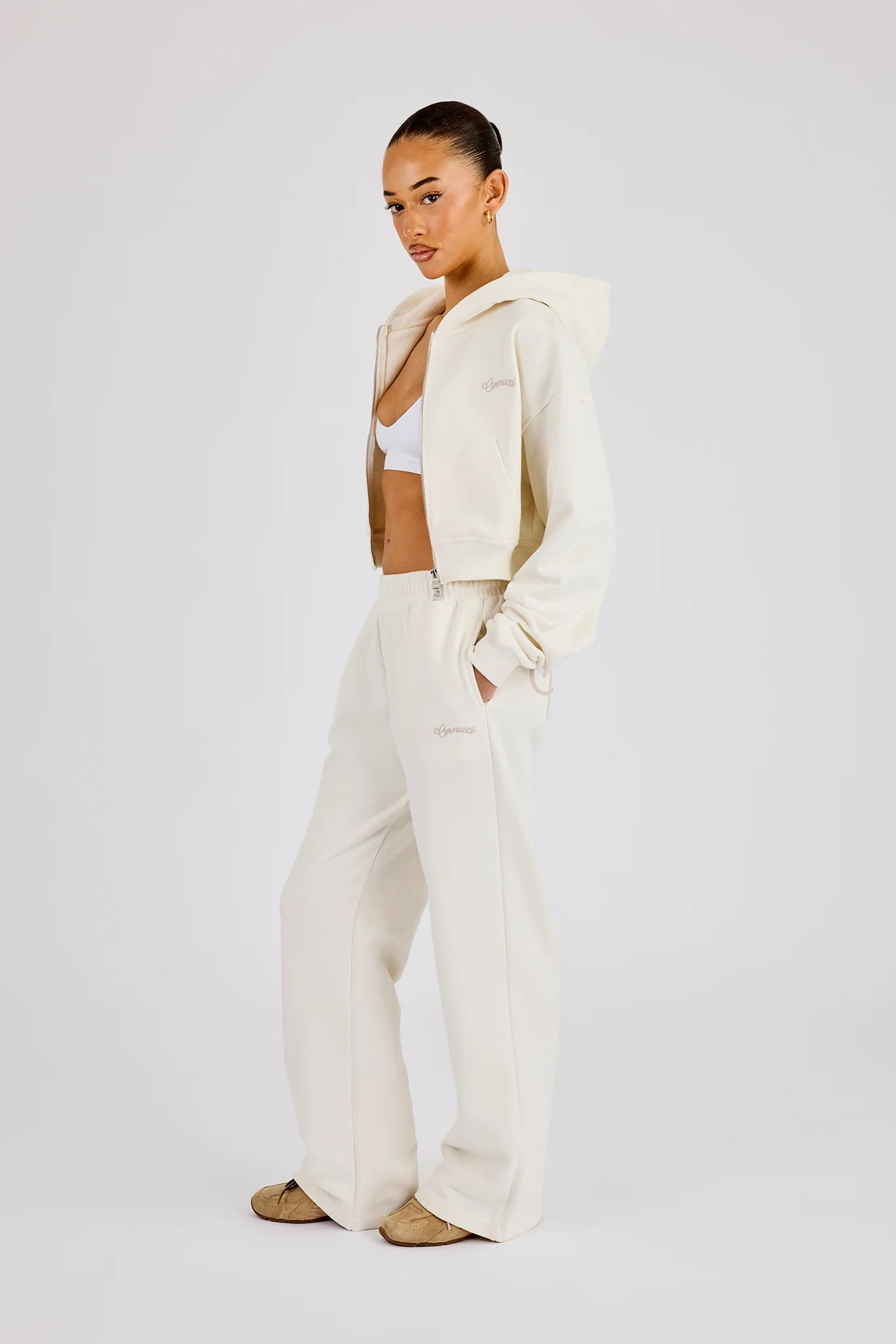 Cropped Embroidered Logo Zip Through Hoodie & Wide Leg Jogger - Off White - Image 4