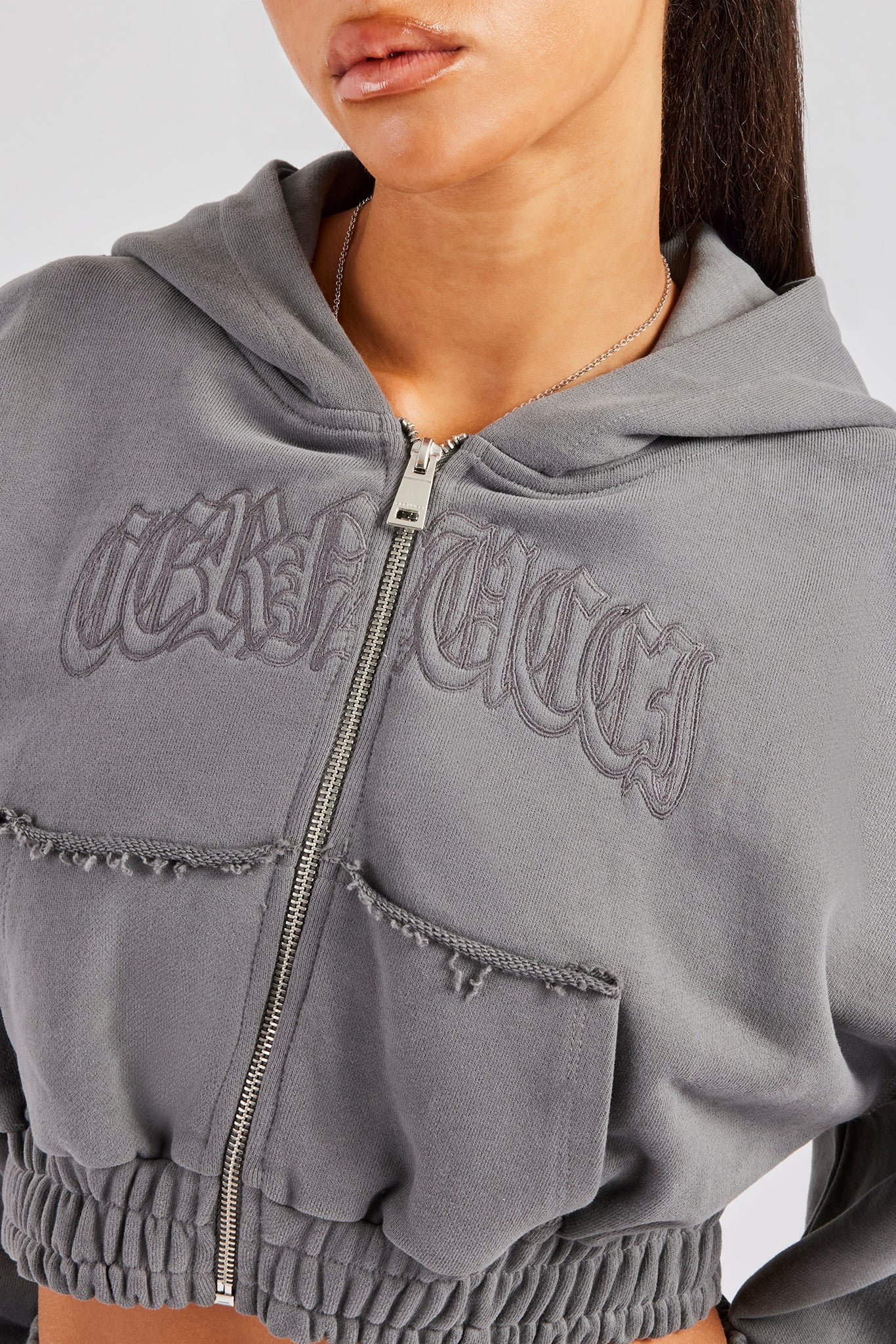 Cropped Exposed Seam  Zip Through Hoodie - Charcoal - Image 2