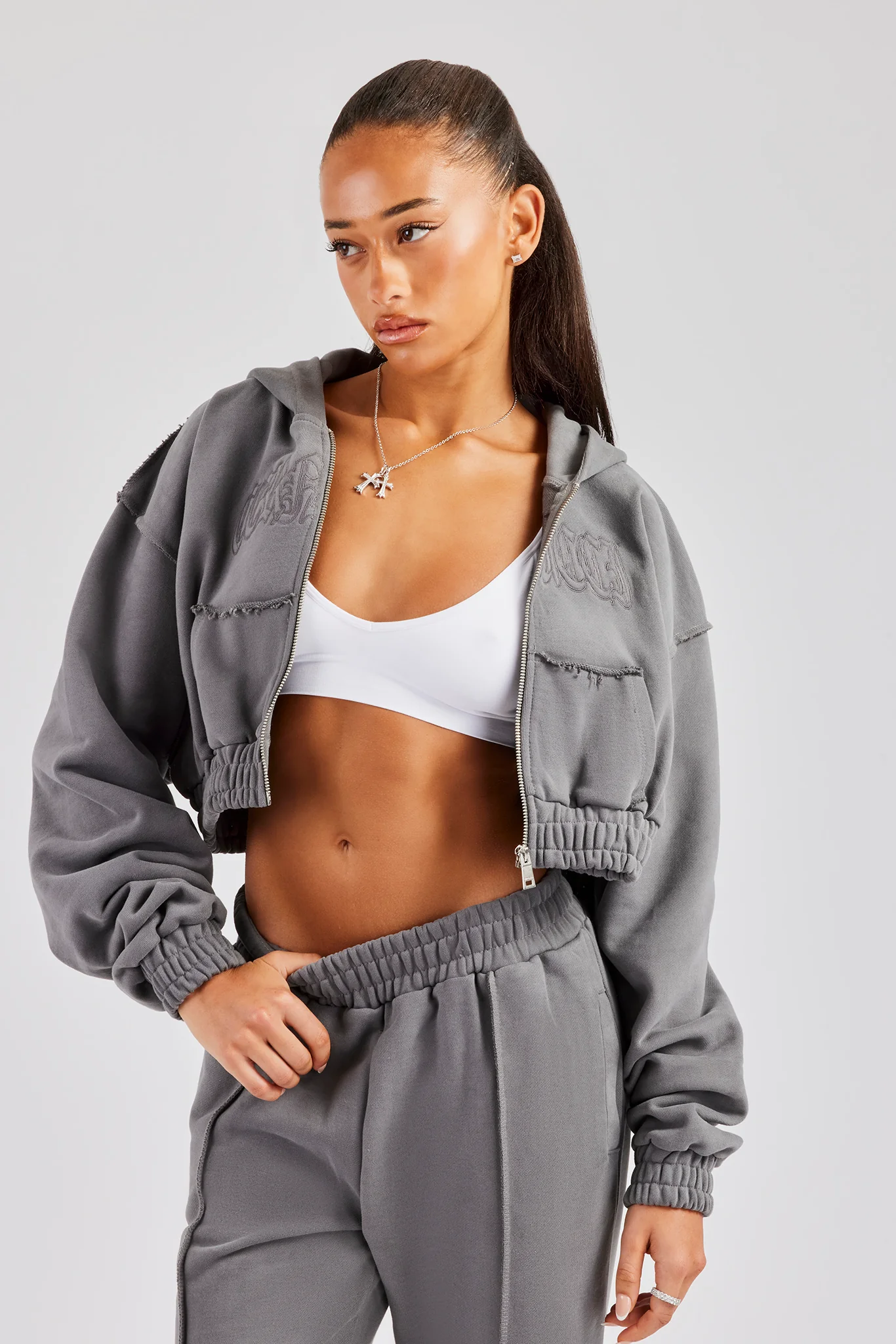 Cropped Exposed Seam  Zip Through Hoodie - Charcoal - Image 3