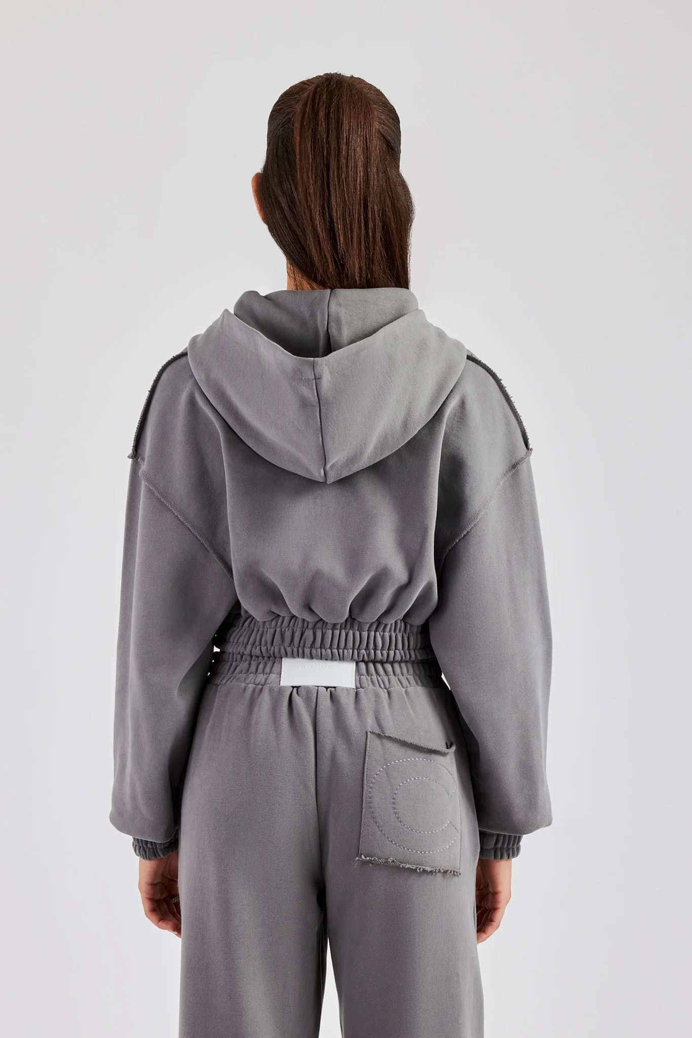 Cropped Exposed Seam  Zip Through Hoodie - Charcoal - Image 4