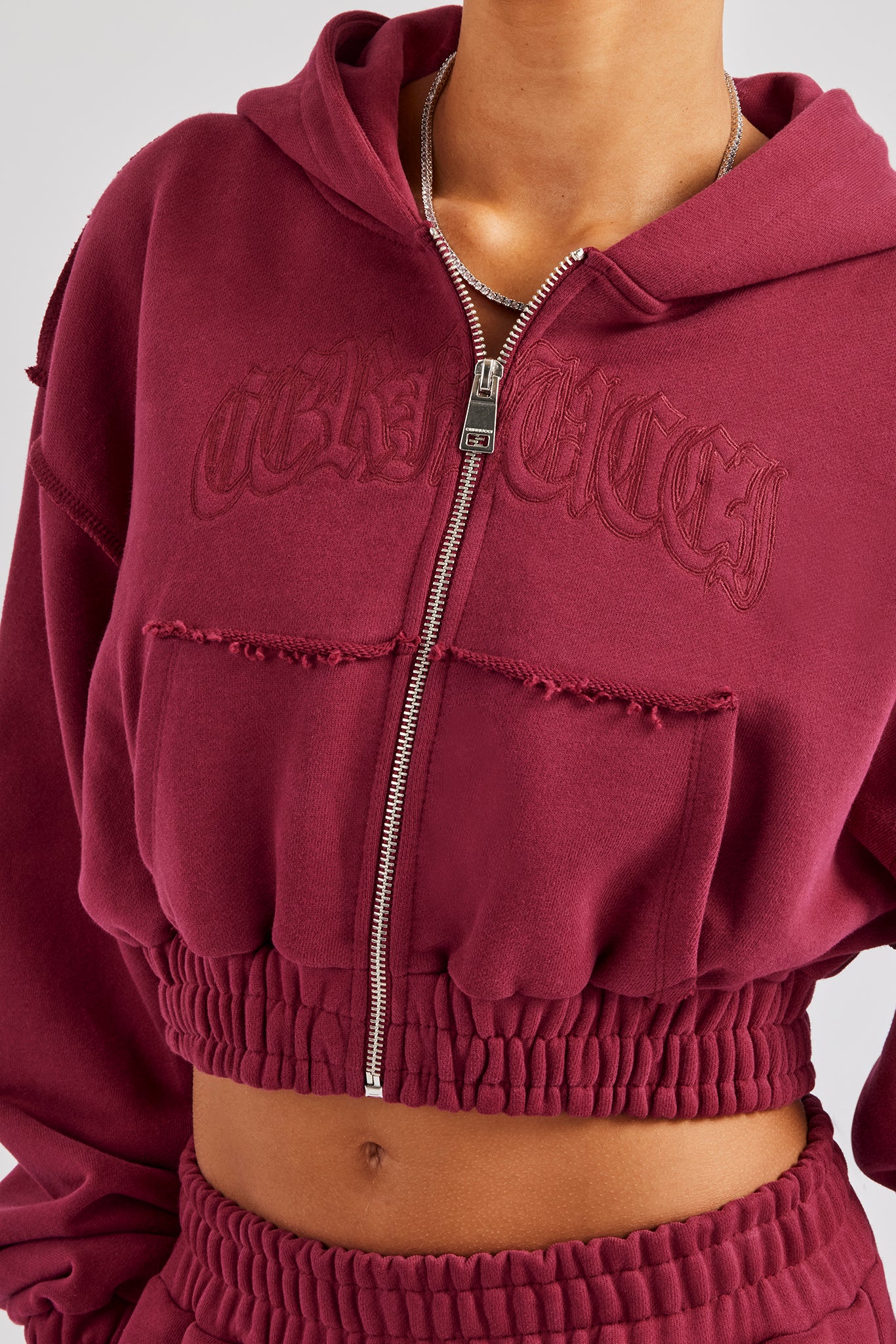 Cropped Exposed Seam Zip Through Hoodie - Cherry Red - Image 2