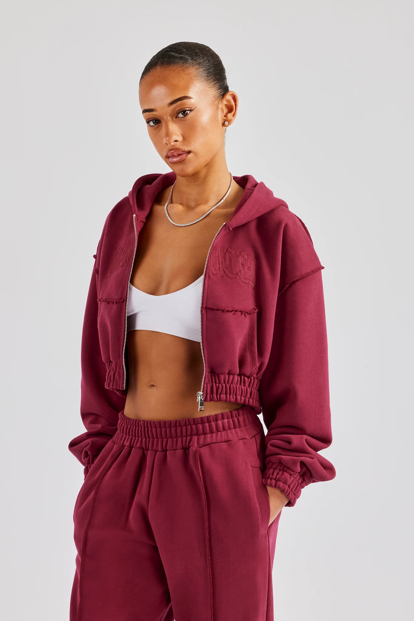 Cropped Exposed Seam Zip Through Hoodie - Cherry Red - Image 3