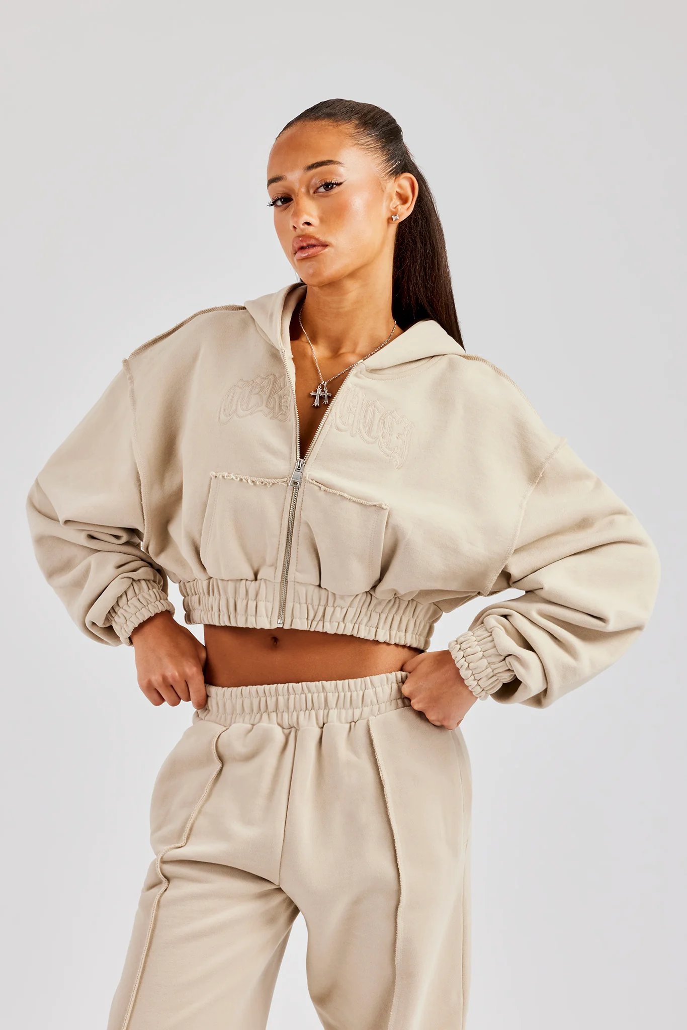 Cropped Exposed Seam Zip Through Hoodie - Stone