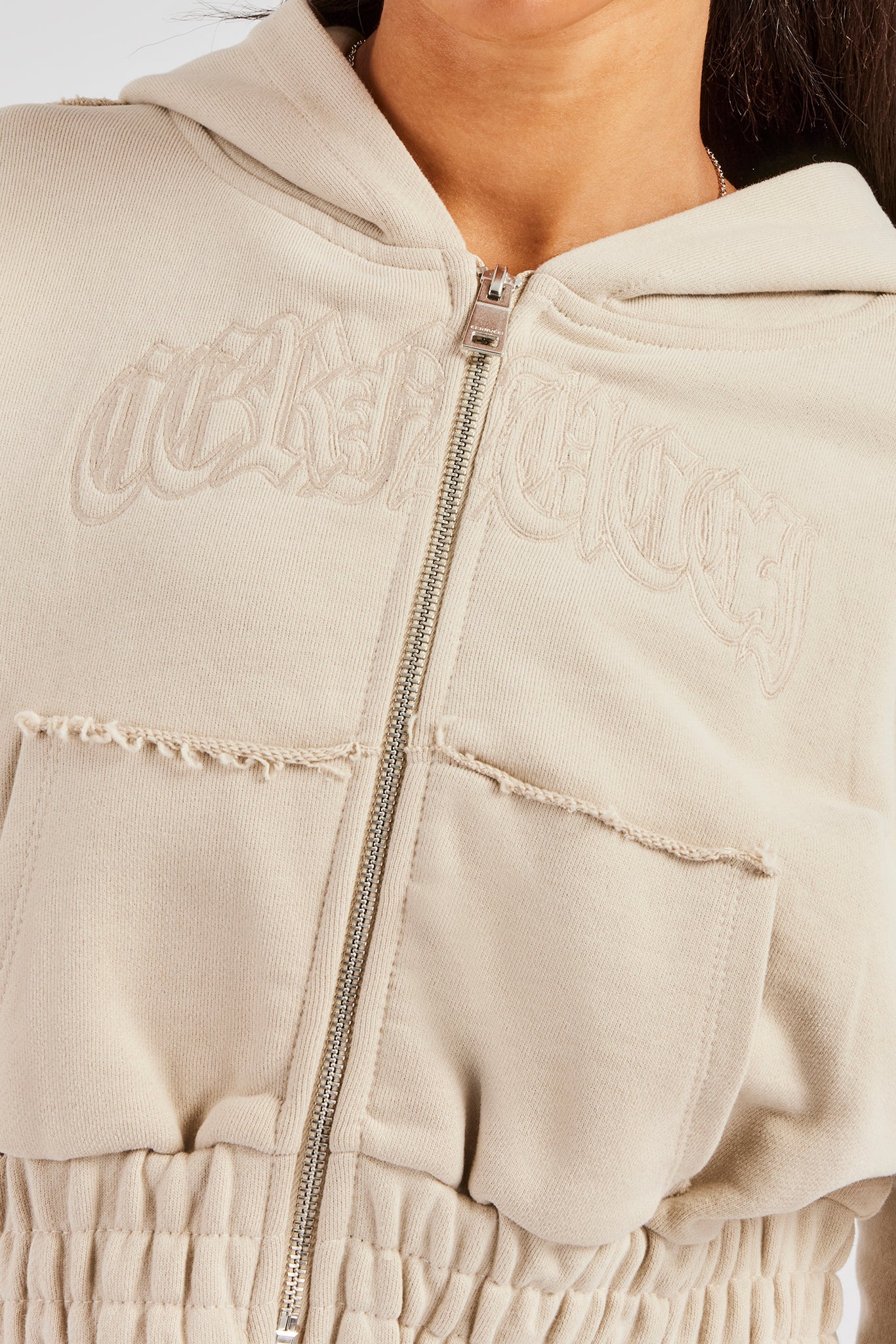 Cropped Exposed Seam Zip Through Hoodie - Stone - Image 2