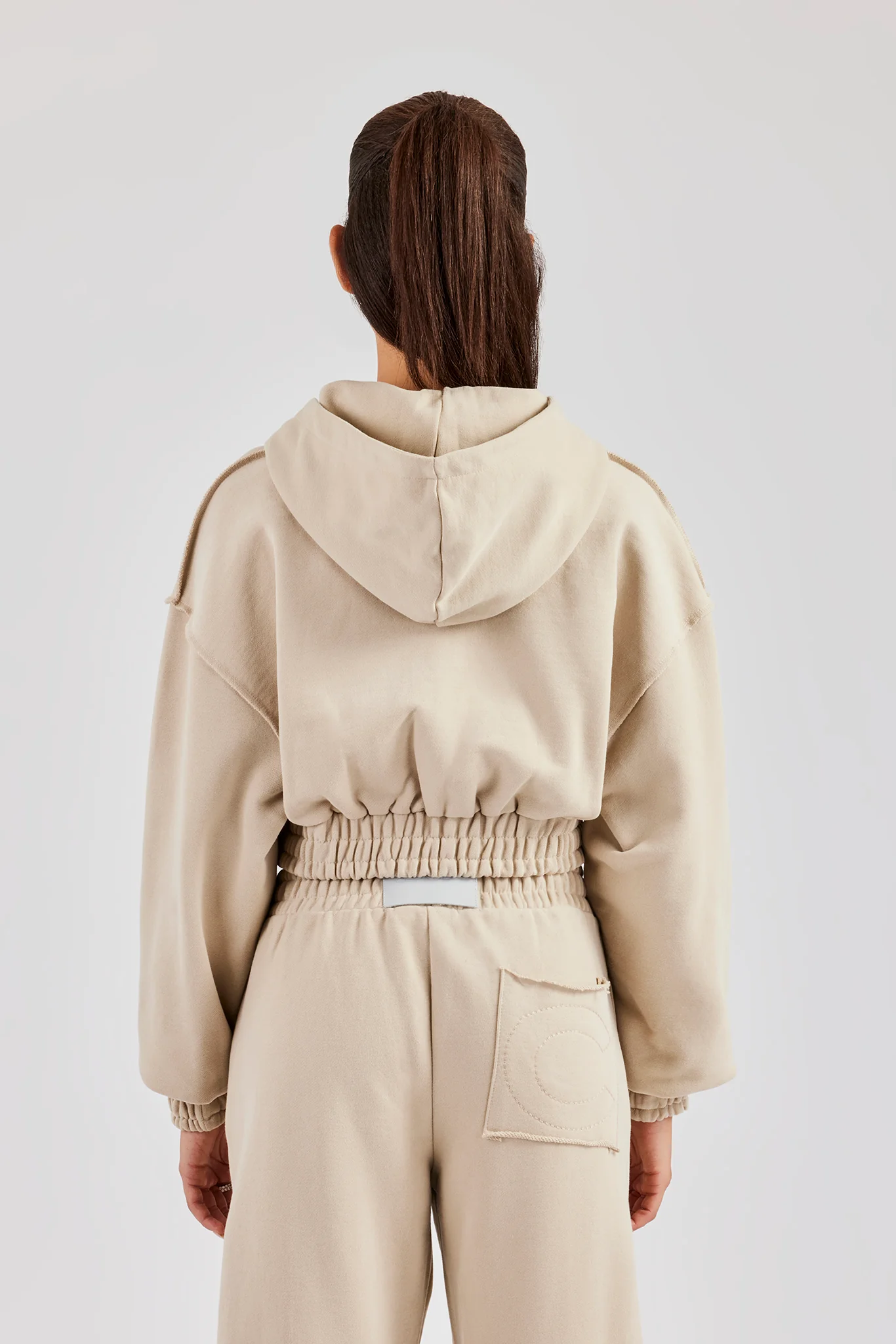 Cropped Exposed Seam Zip Through Hoodie - Stone - Image 3