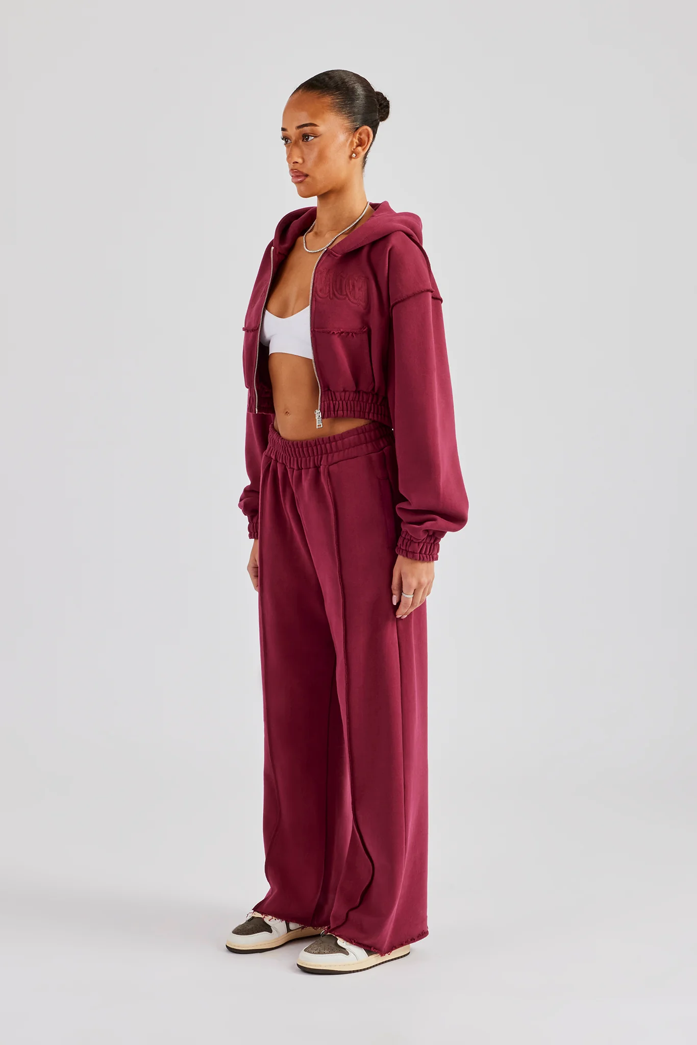 Cropped Exposed Seam Zip Through Tracksuit - Cherry Red - Image 3