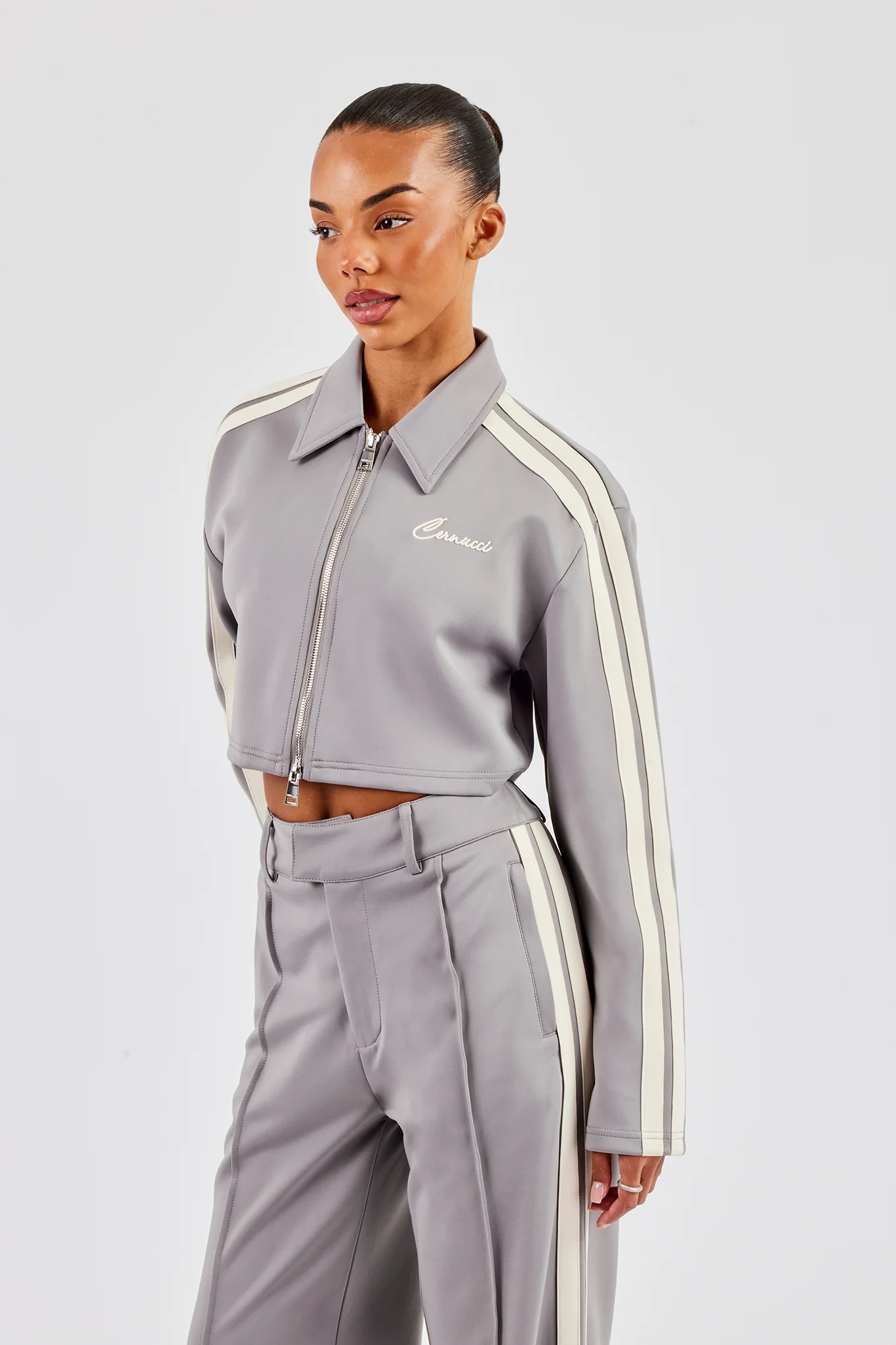 Cropped Harrington Taping Jacket & Tailored Trouser - Grey - Image 5