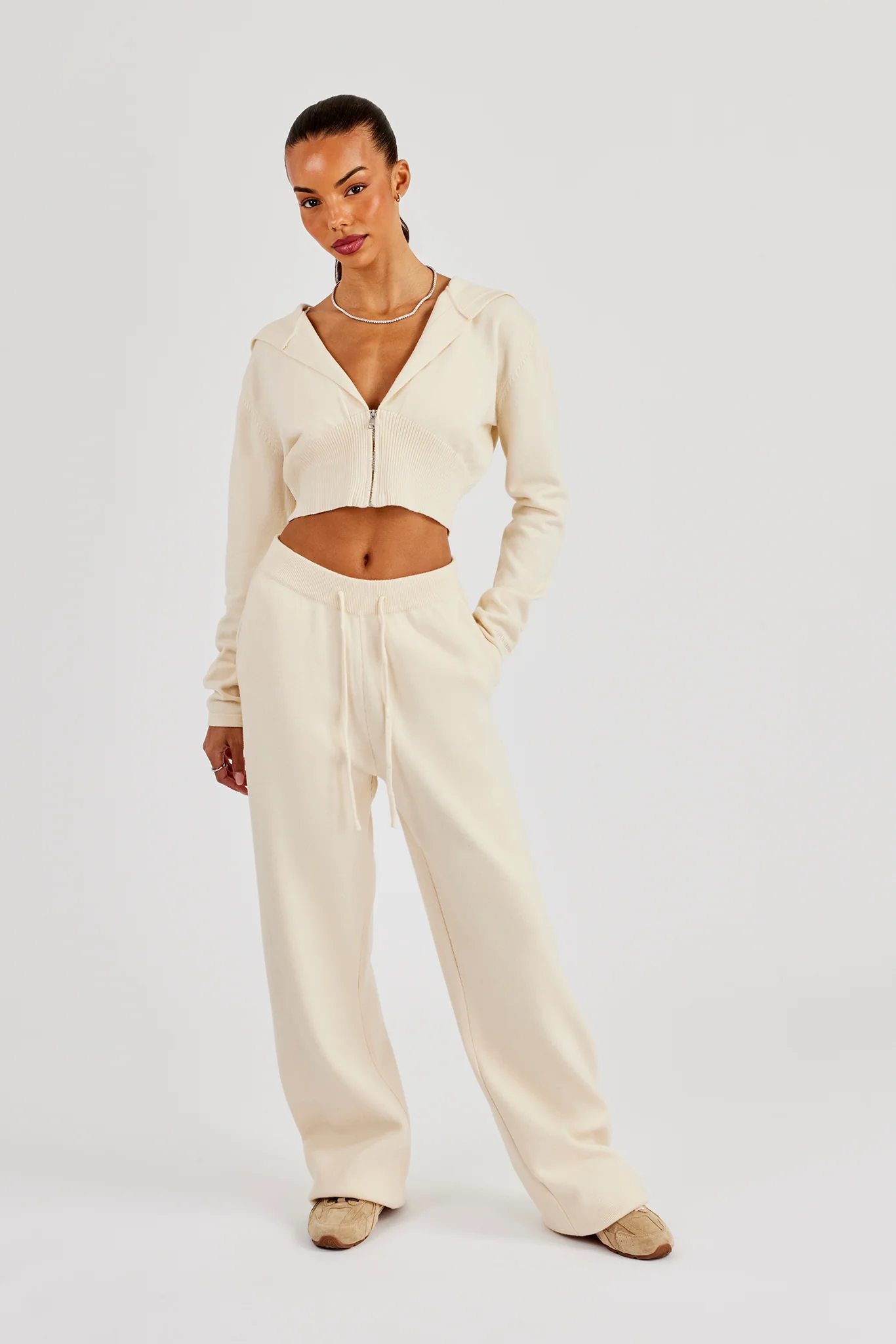 Cropped Knit Zip Hoodie - Cream - Image 2