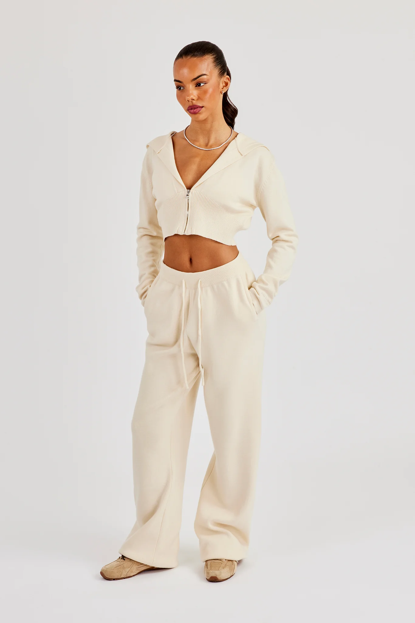 Cropped Knit Zip Hoodie & Jogger - Cream