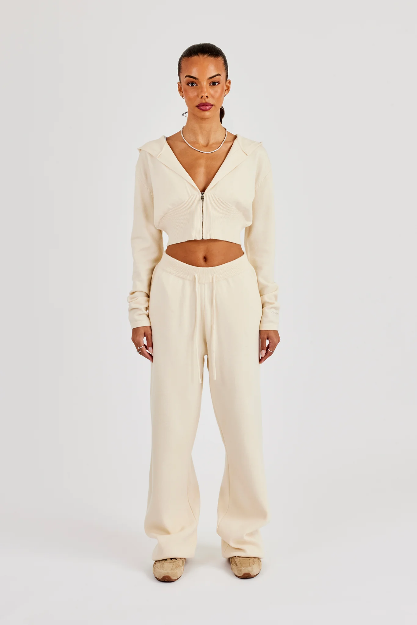 Cropped Knit Zip Hoodie & Jogger - Cream - Image 3