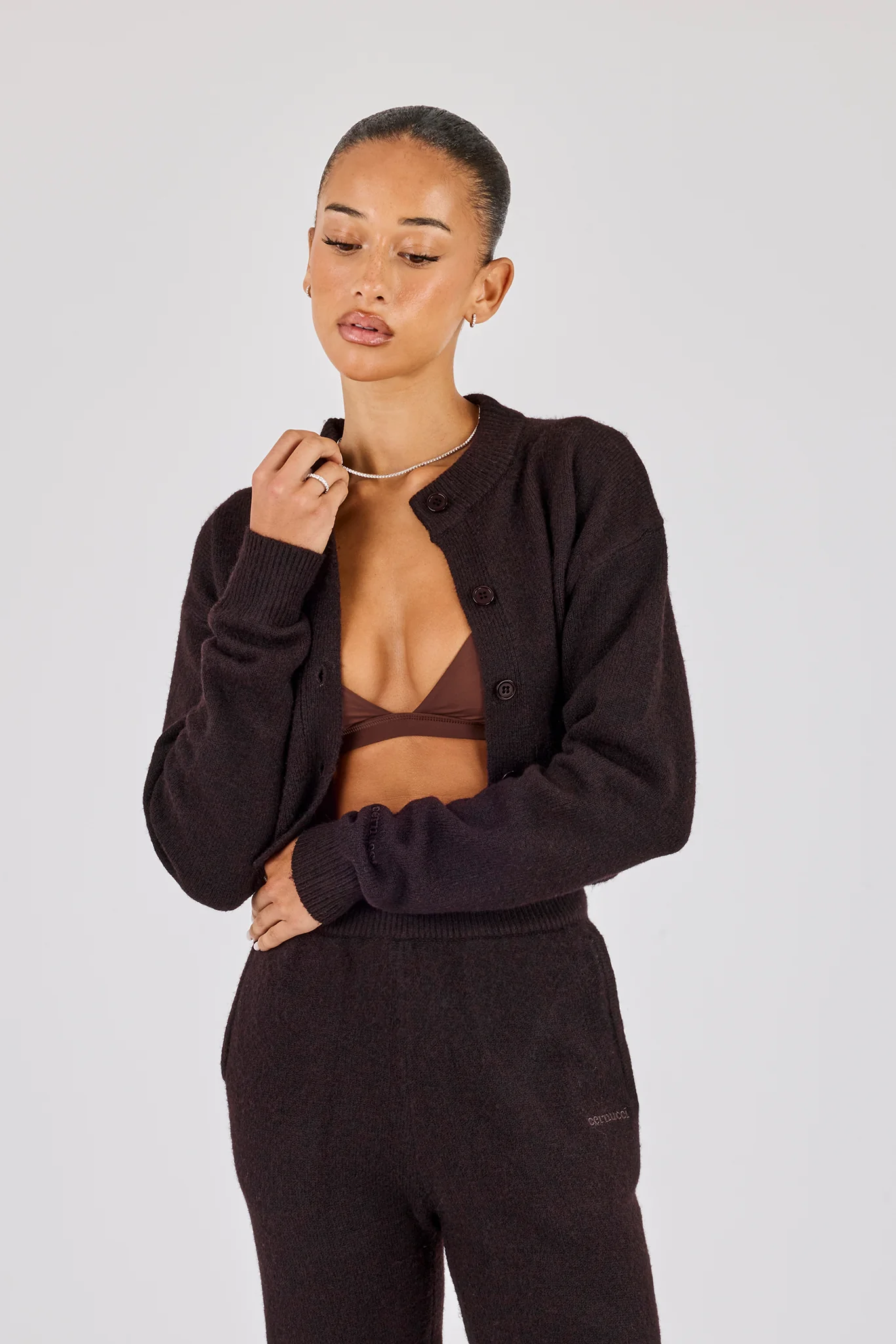 Cropped Knitted Cardigan - Chocolate - Image 3