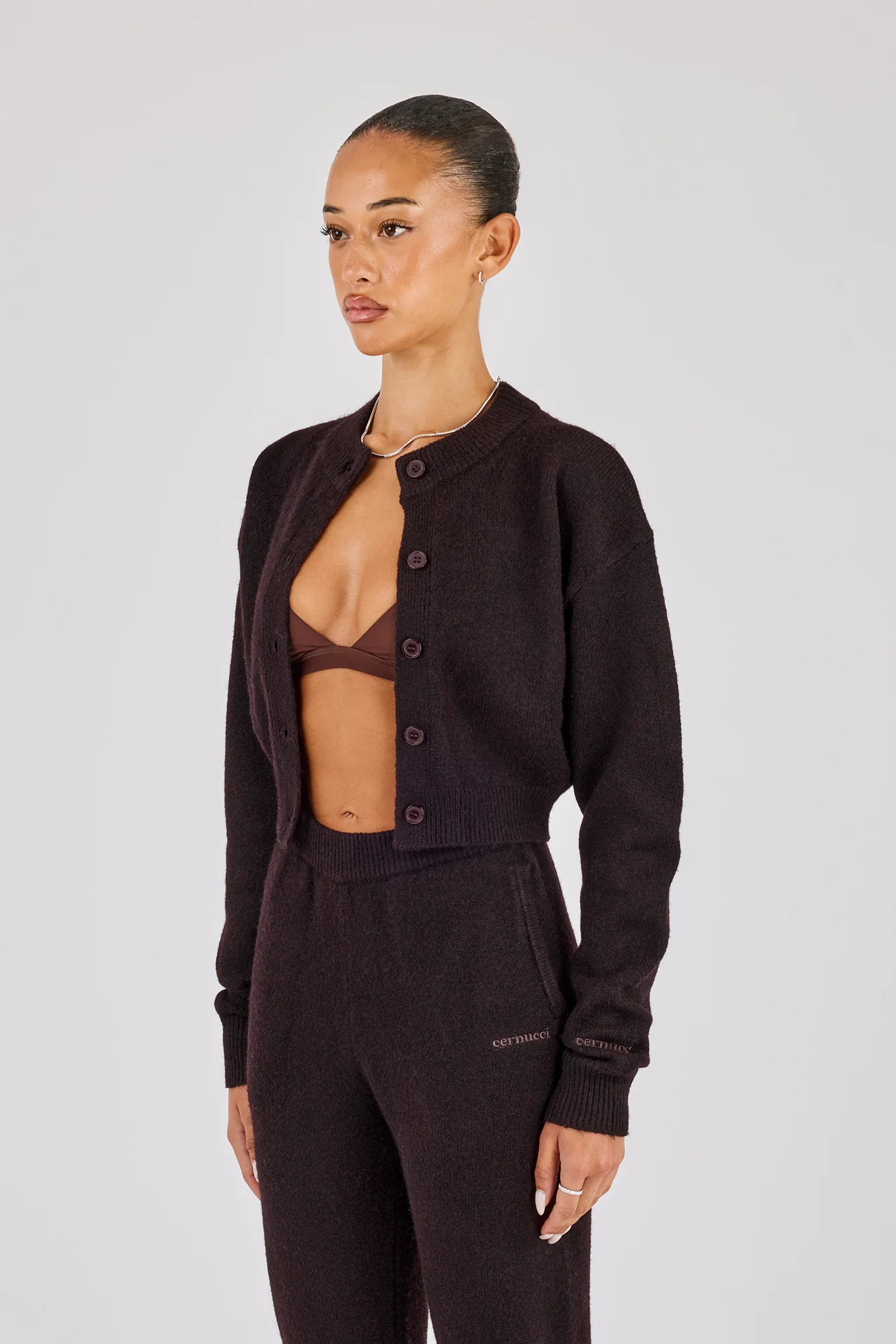 Cropped Knitted Cardigan - Chocolate - Image 4