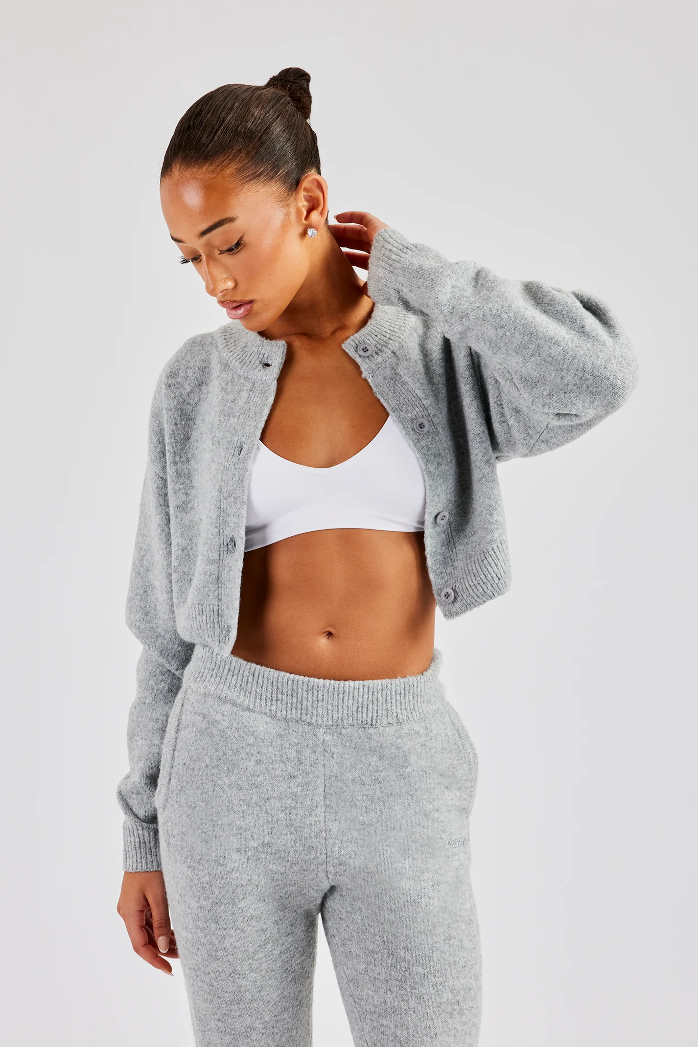 Cropped Knitted Cardigan - Grey - Image 3