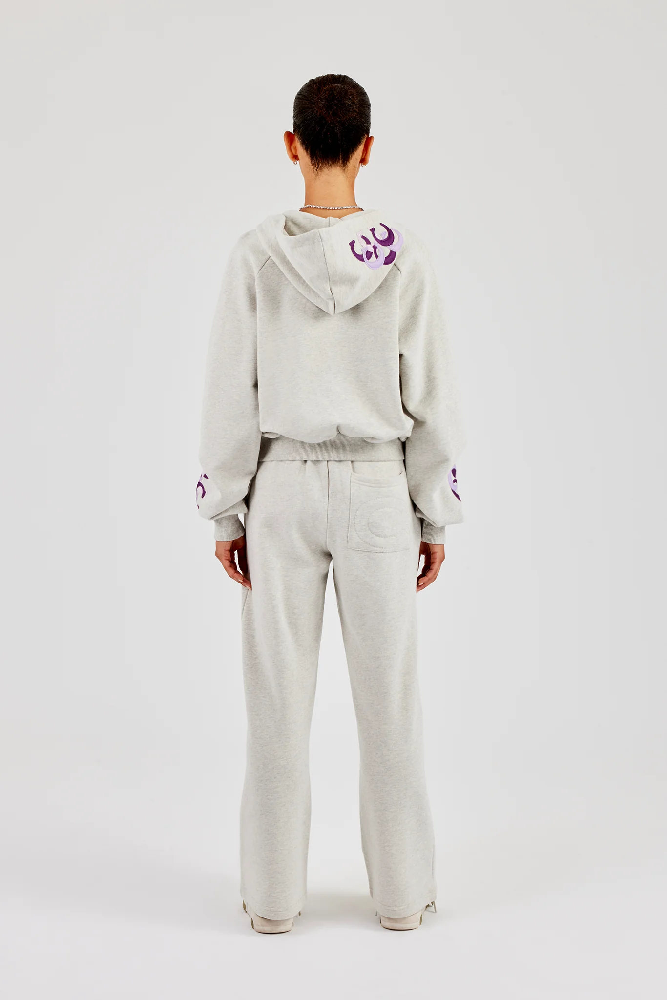 Cropped Layered Applique Zip Hoodie & Wide Leg Jogger - Ash Grey - Image 3