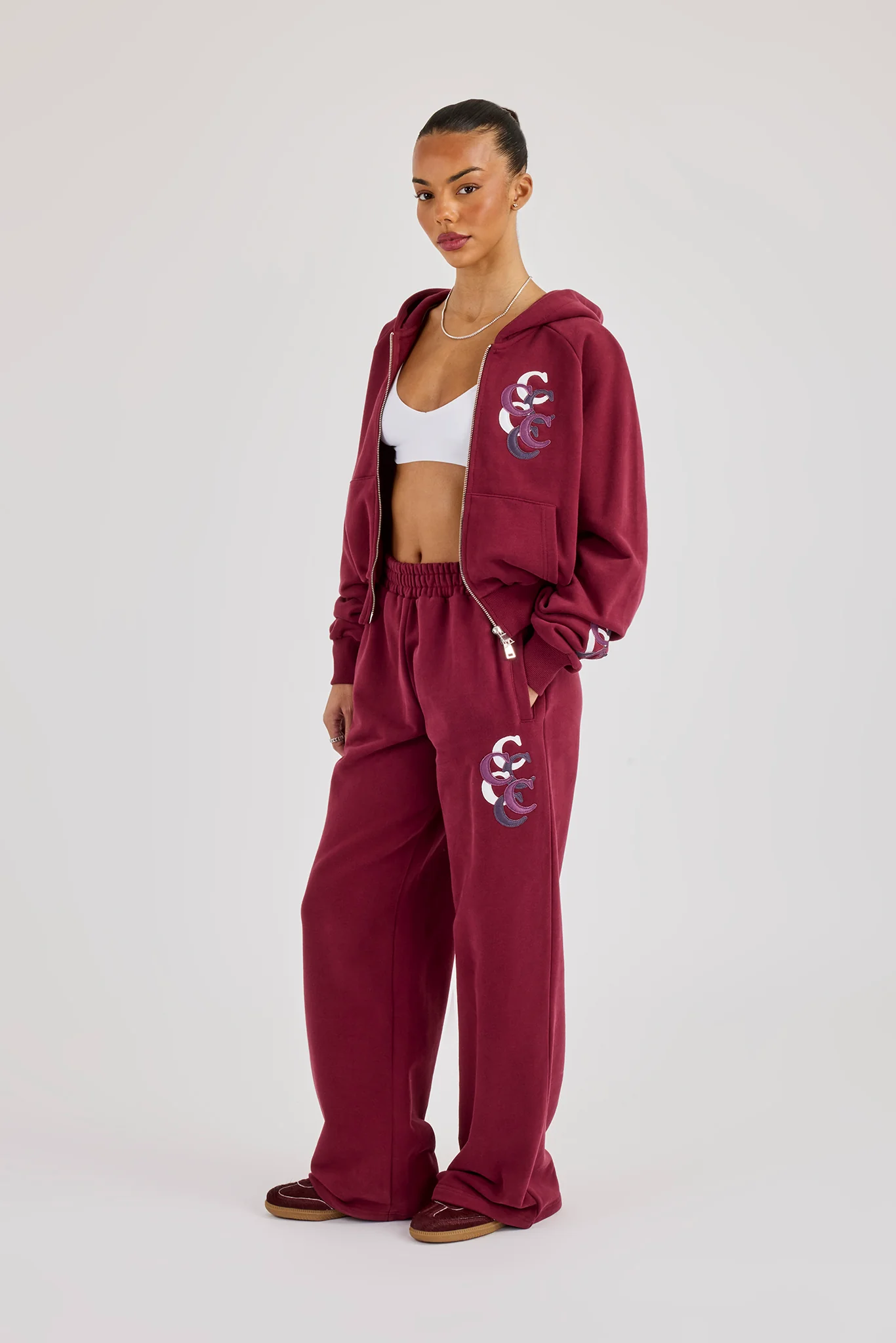 Cropped Layered Applique Zip Hoodie & Wide Leg Jogger - Burgundy - Image 2