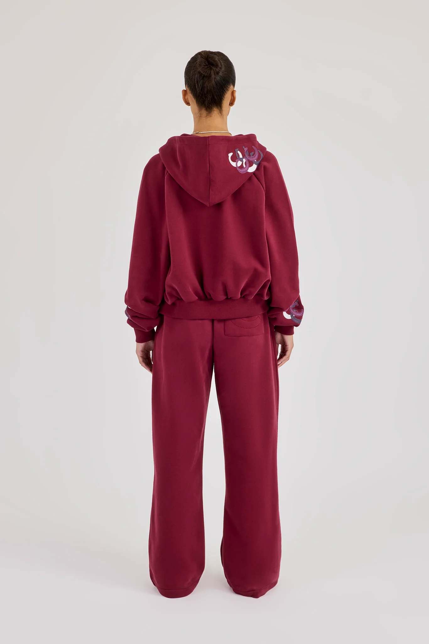 Cropped Layered Applique Zip Hoodie & Wide Leg Jogger - Burgundy - Image 3