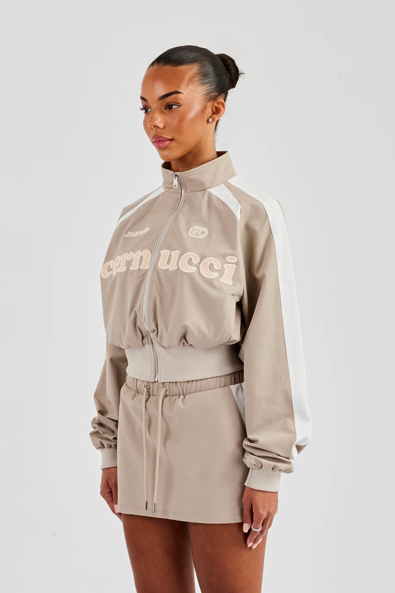 Cropped Panelled Nylon Track Jacket & Mini Skirt - Stone - Image 4