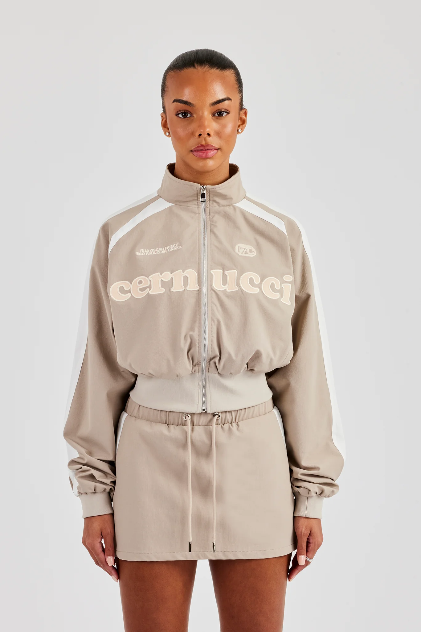 Cropped Panelled Nylon Track Jacket - Stone - Image 3