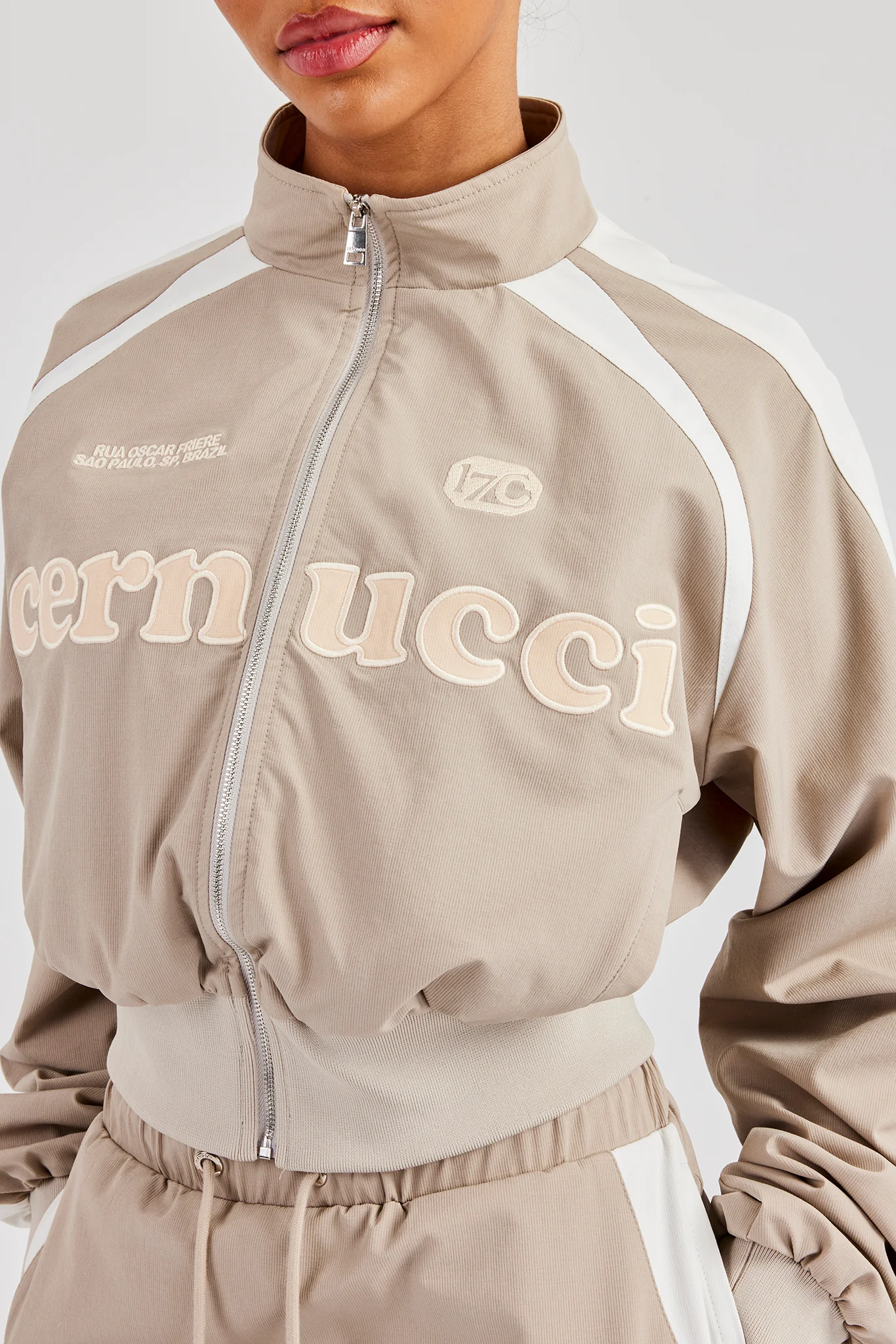 Cropped Panelled Nylon Track Jacket - Stone - Image 4