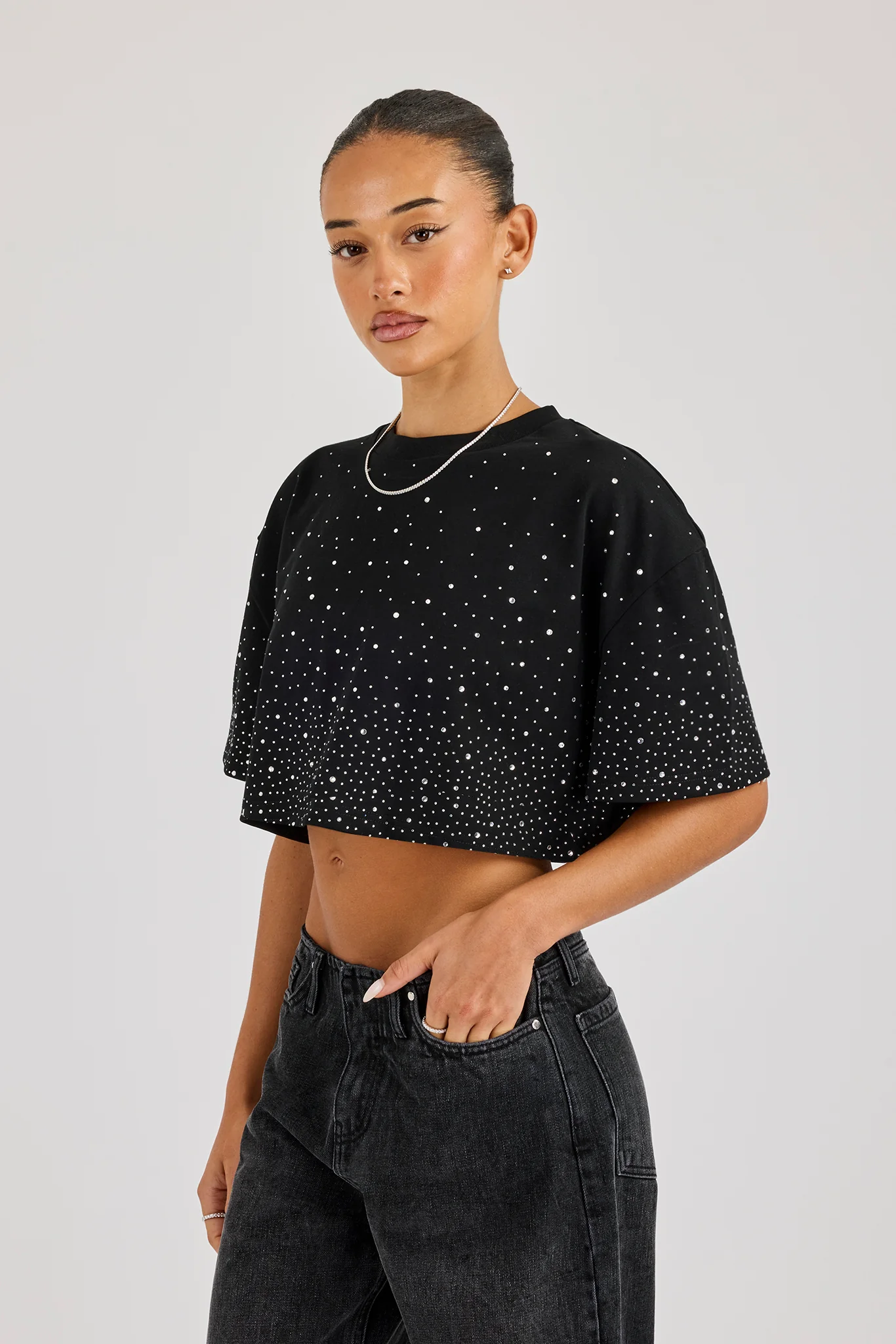 Cropped Rhinestone T-Shirt - Black - Image 3
