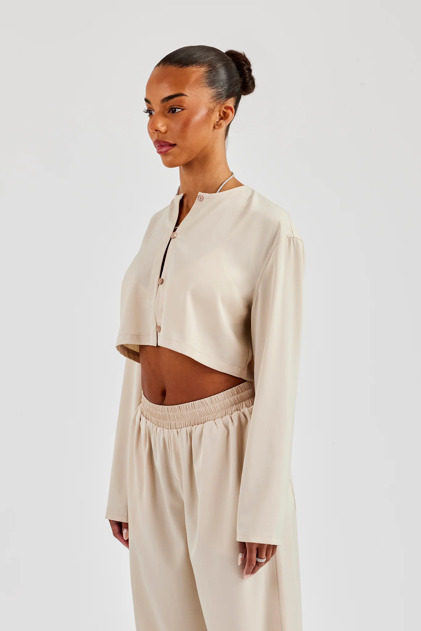 Cropped Satin Button Up Top - Beige - Image 3