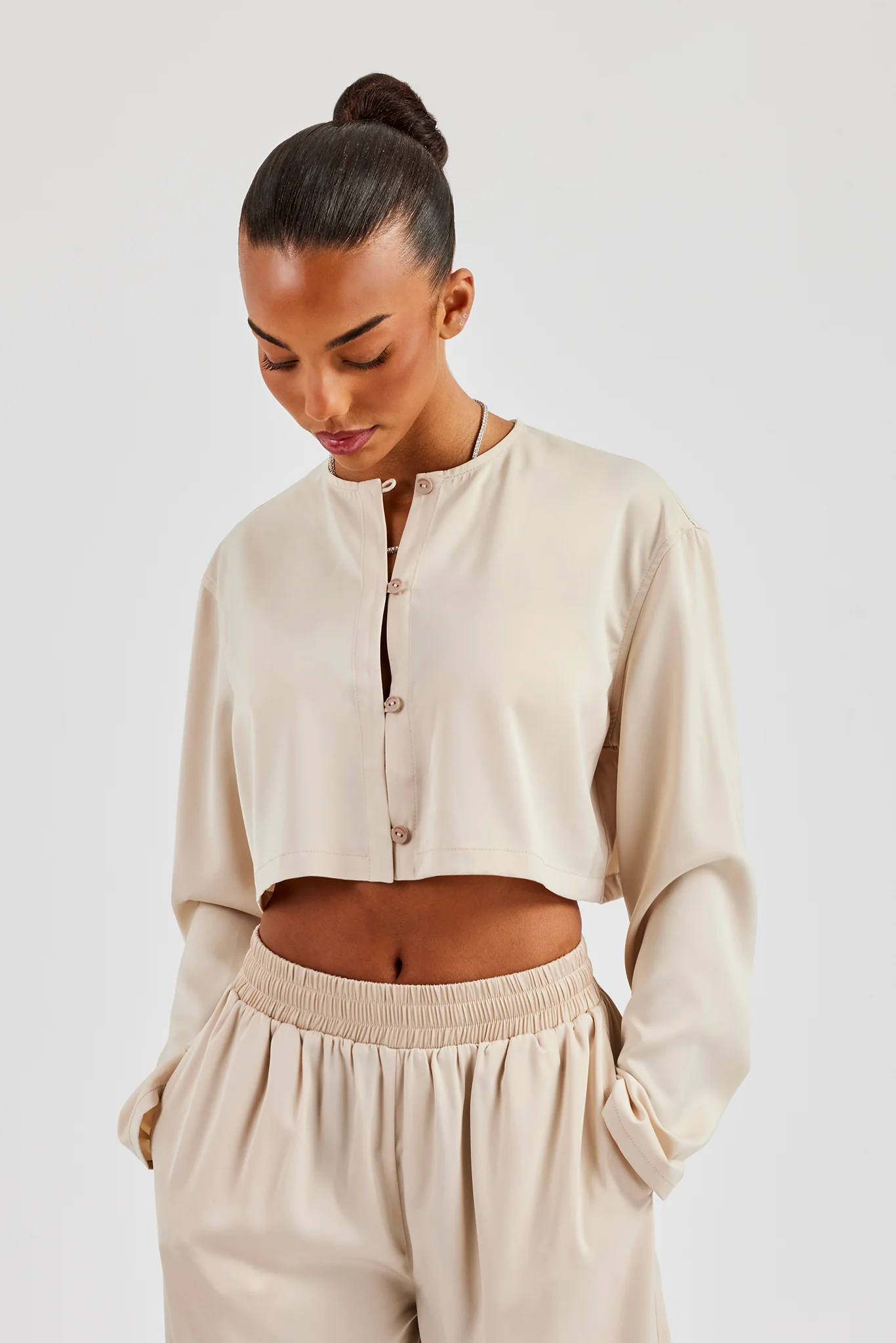 Cropped Satin Button Up Top - Beige - Image 5