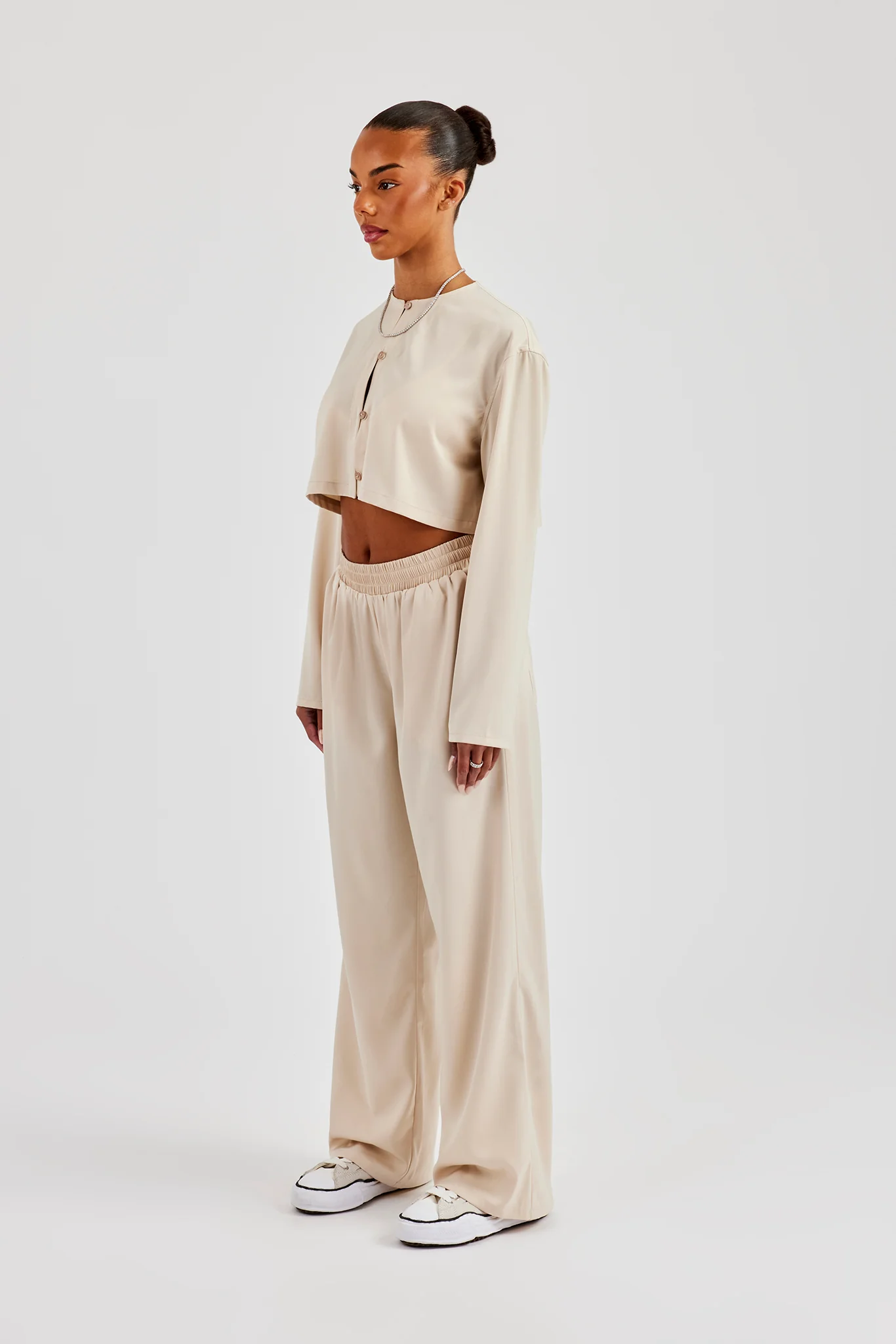 Cropped Satin Button Up Top & Wide Leg Trouser - Beige - Image 3