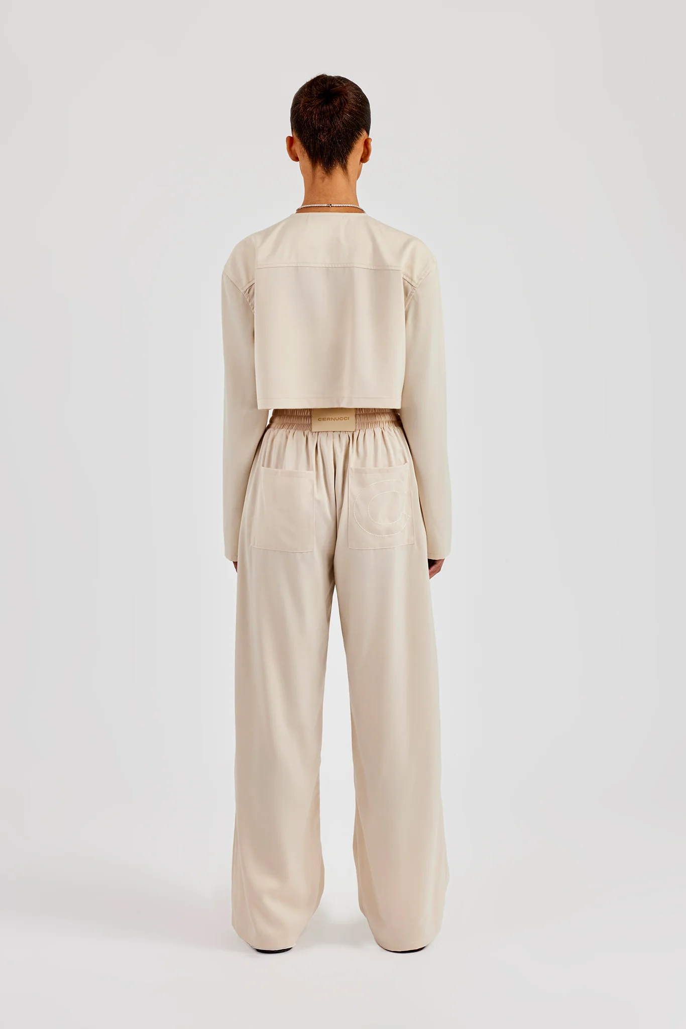 Cropped Satin Button Up Top & Wide Leg Trouser - Beige - Image 4
