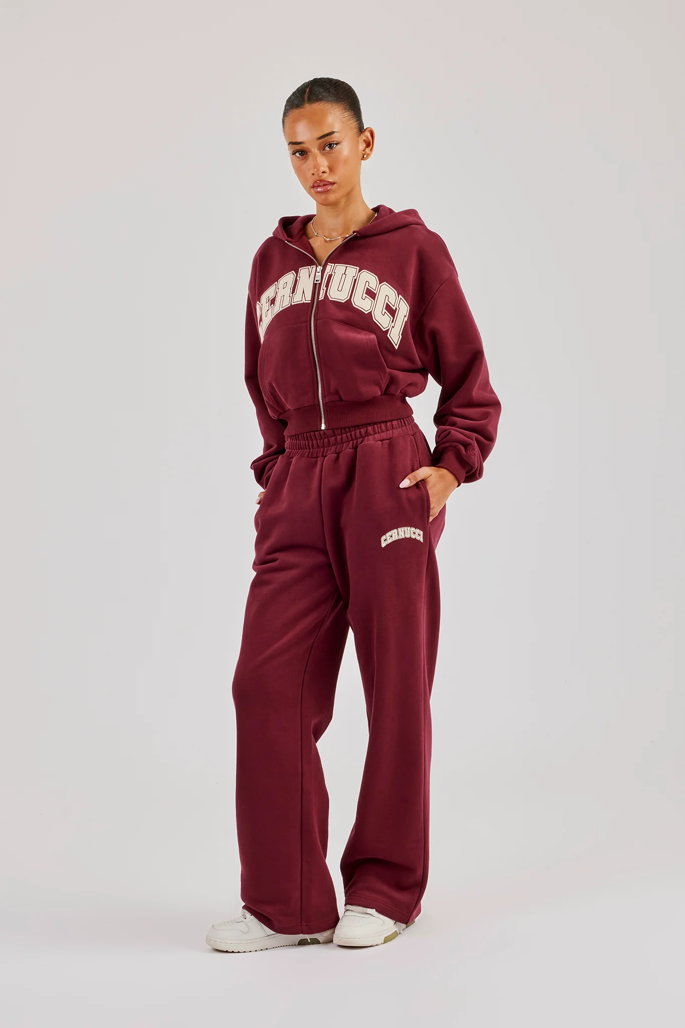 Cropped Varsity Logo Hoodie & Wide Leg Jogger - Berry - Image 3