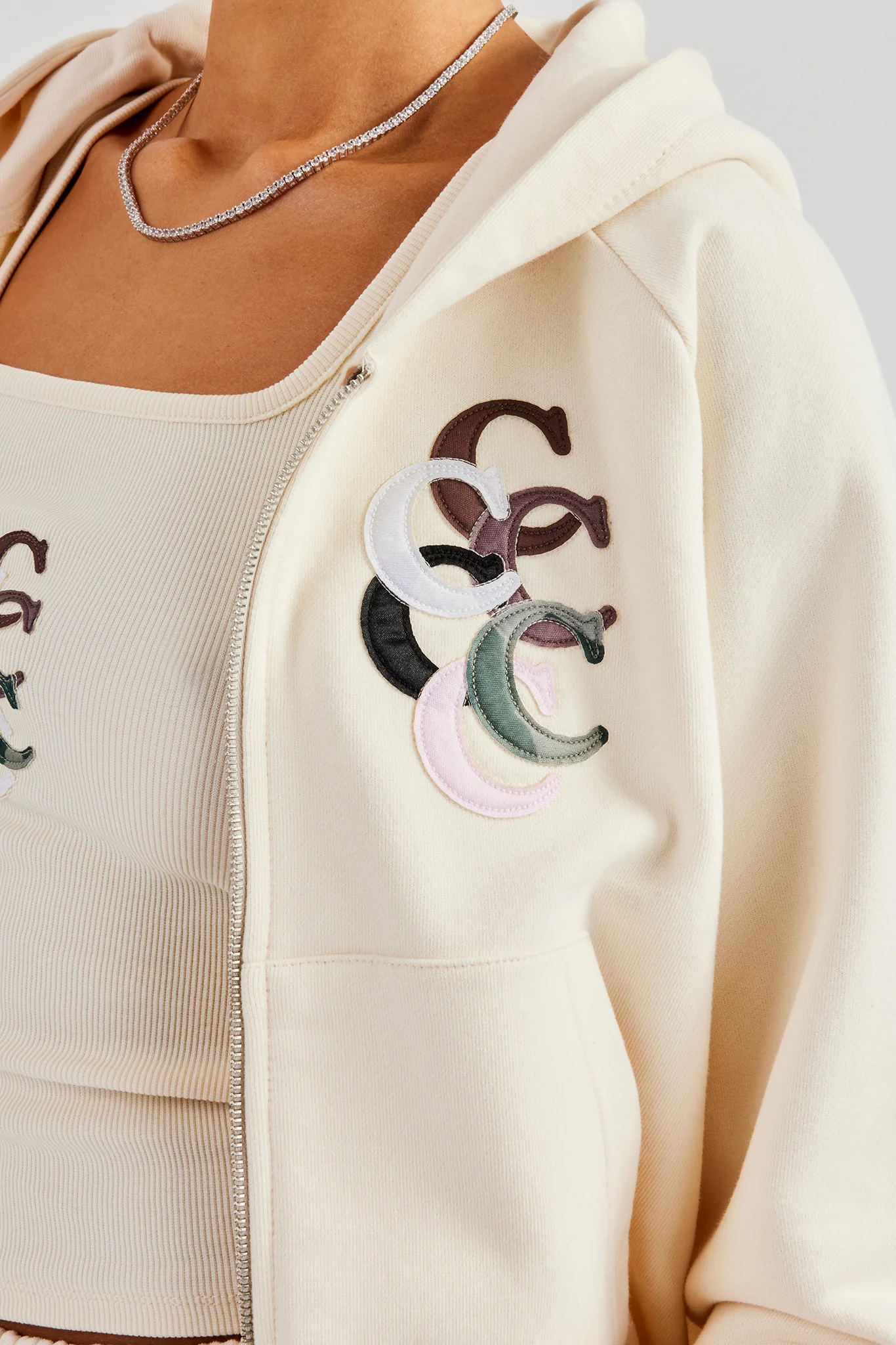 Cropped Washed Layered Applique Tracksuit - Off White - Image 3