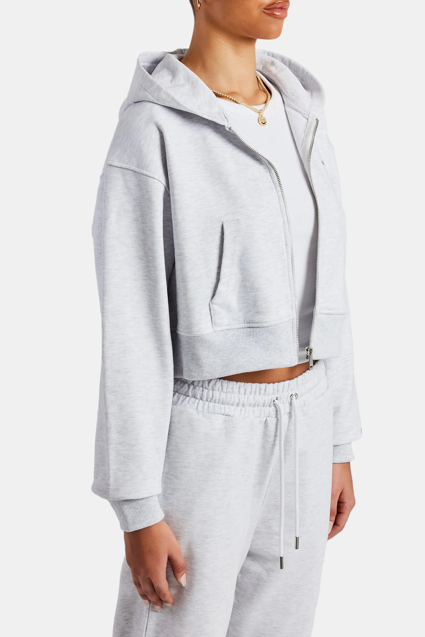 Cropped Zip Hoodie - Grey Marl - Image 4
