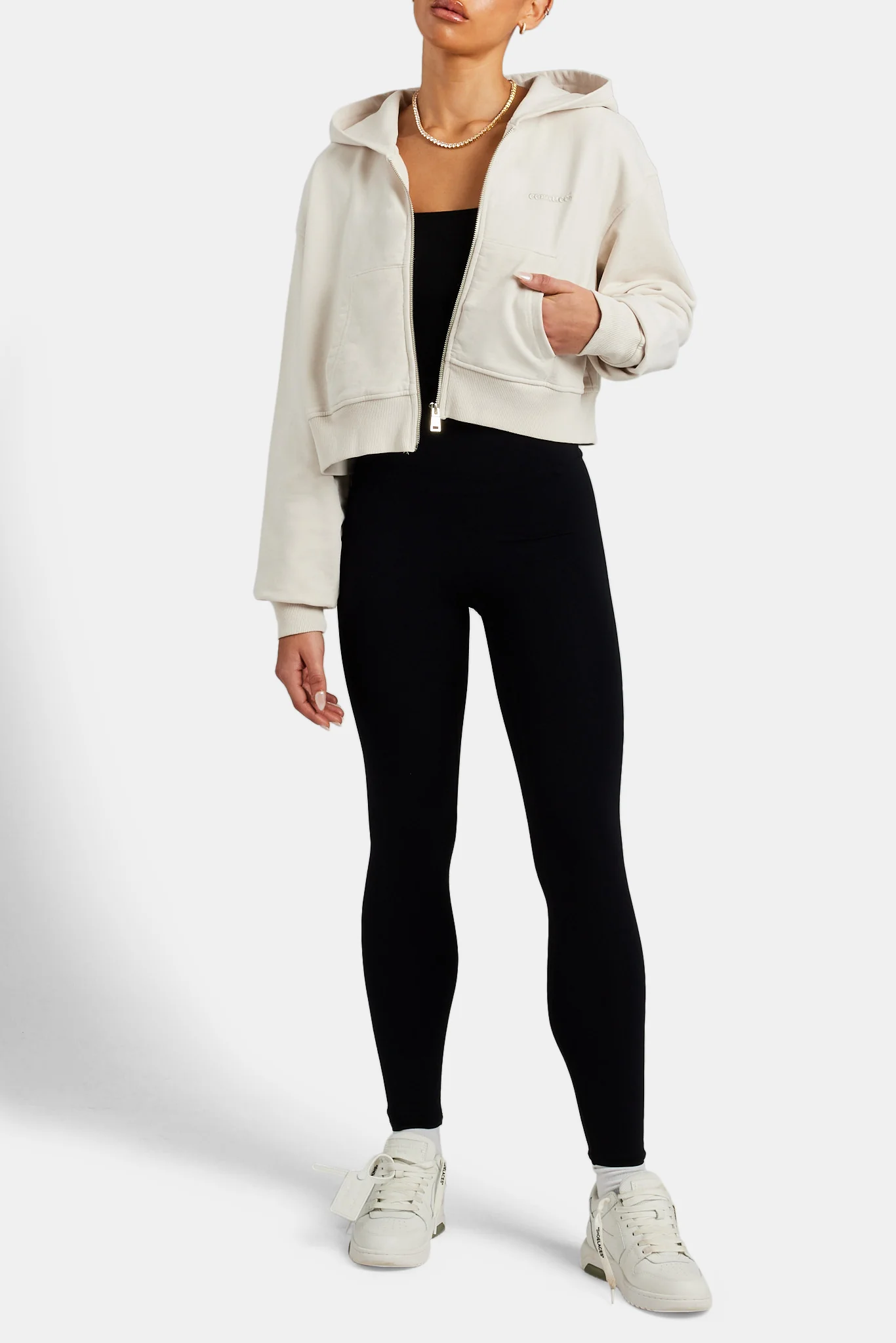 Cropped Zip Hoodie - Stone - Image 4