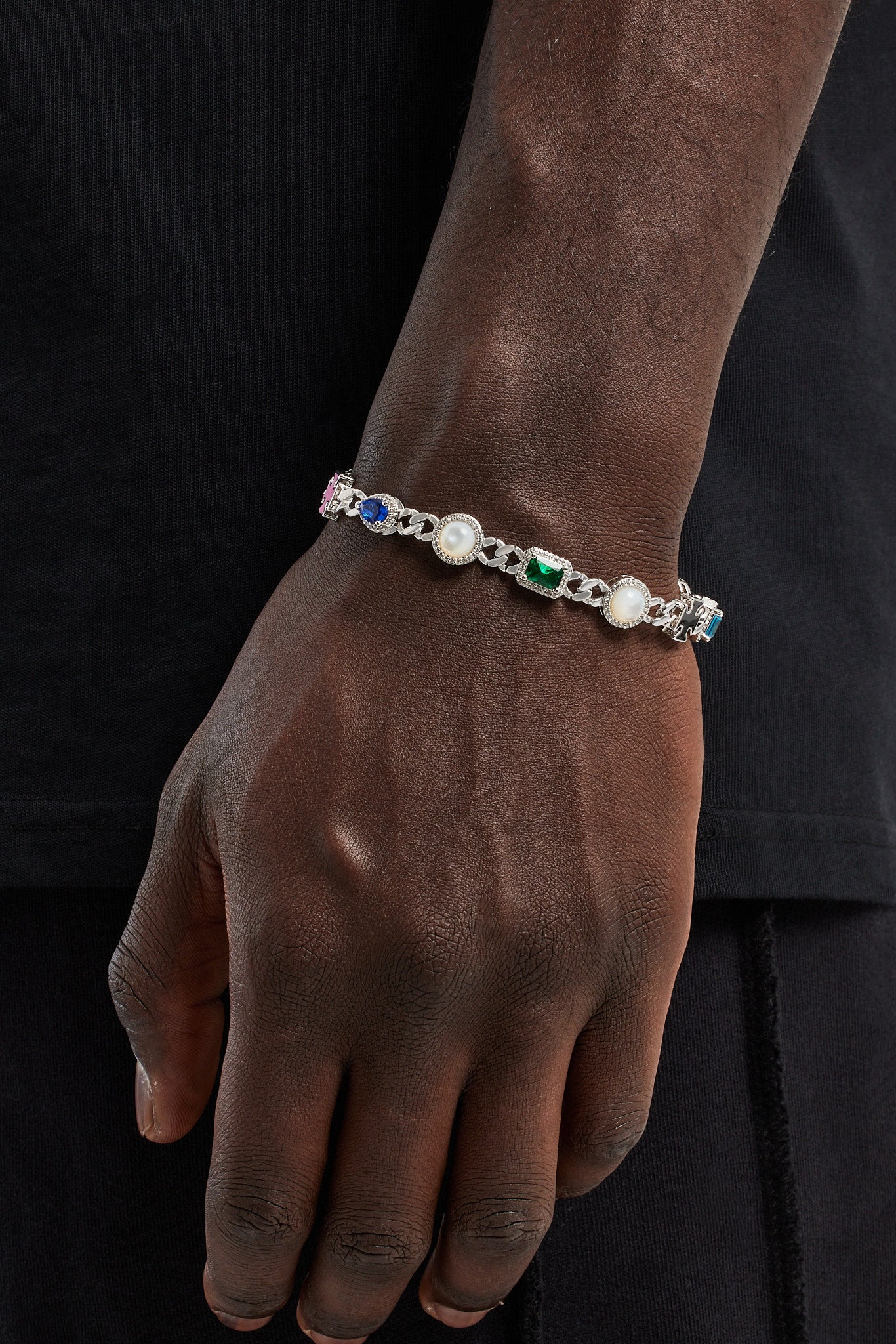 Cuban Link Gemstone & Motif Bracelet - White - 10mm