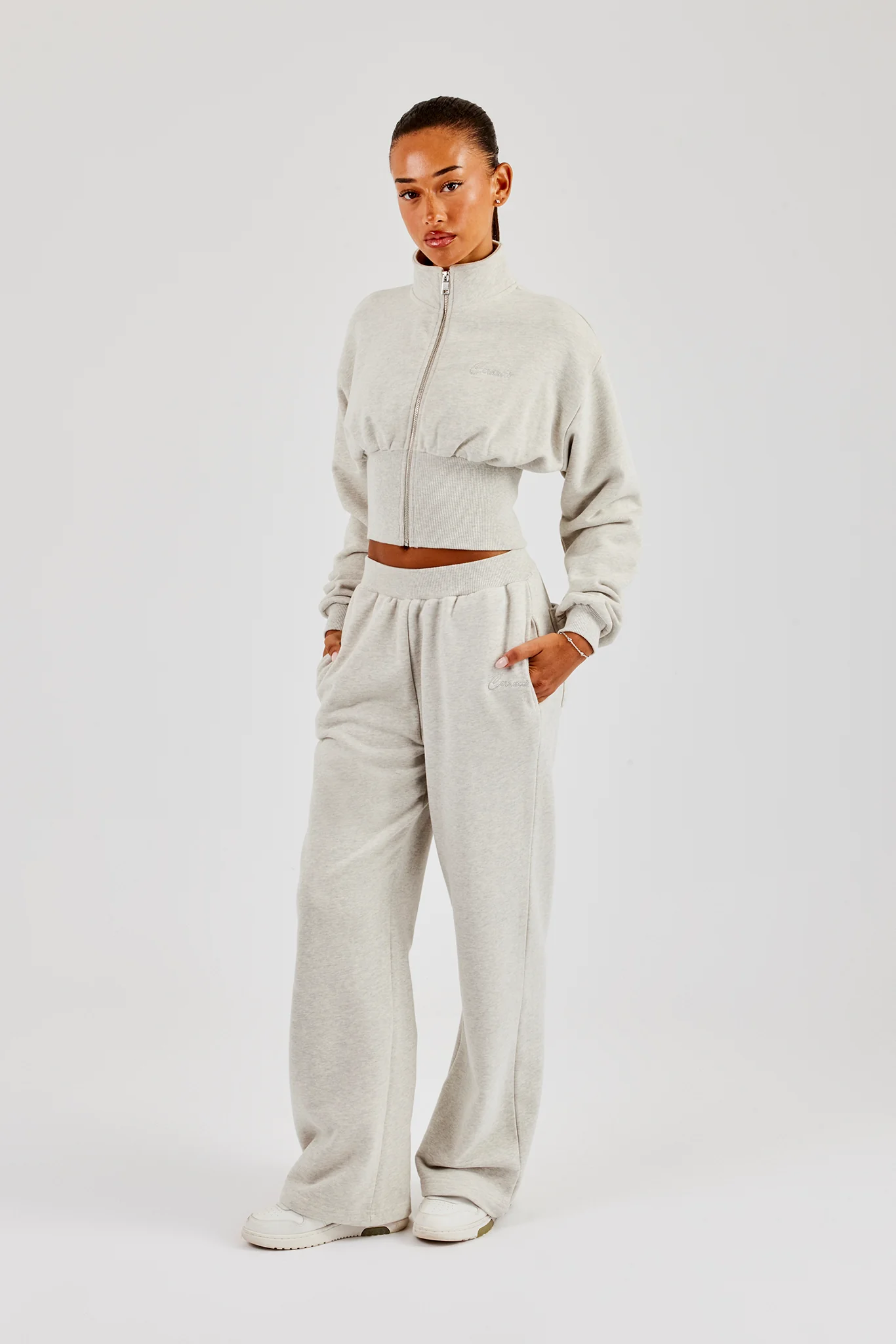 Deep Rib Funnel Neck & Wide Leg Jogger - Ash Grey