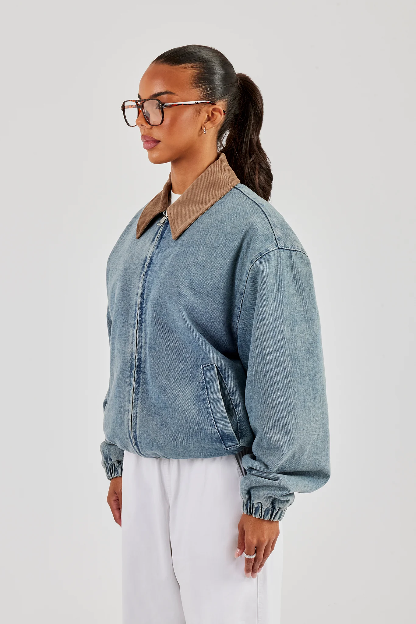 Denim Bomber Jacket With Twill Collar - Light Blue - Image 2