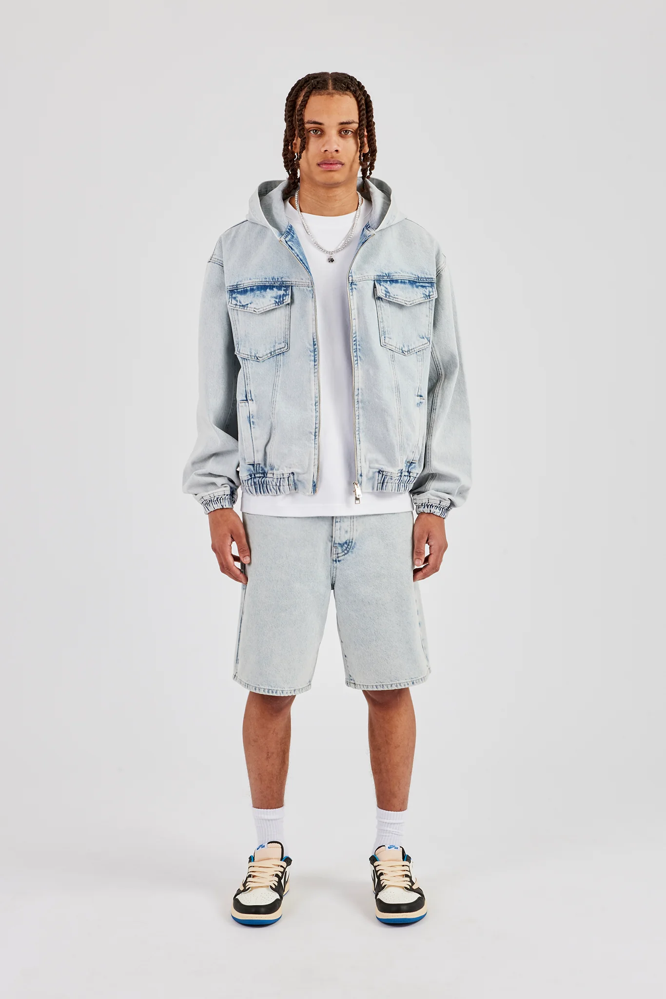 Denim Boxy Fit Zip Hoodie & Denim Jort - Ice Blue