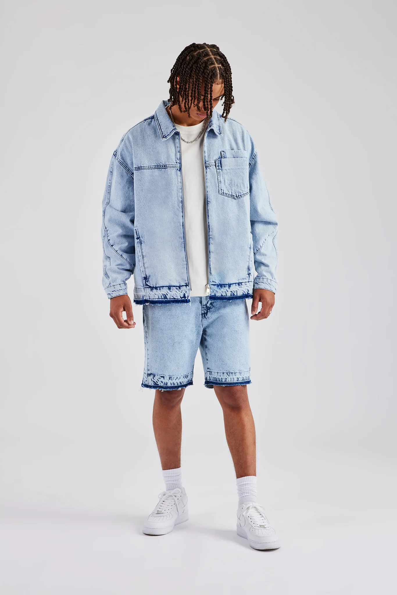 Denim Panelled Short - Light Blue - Image 4